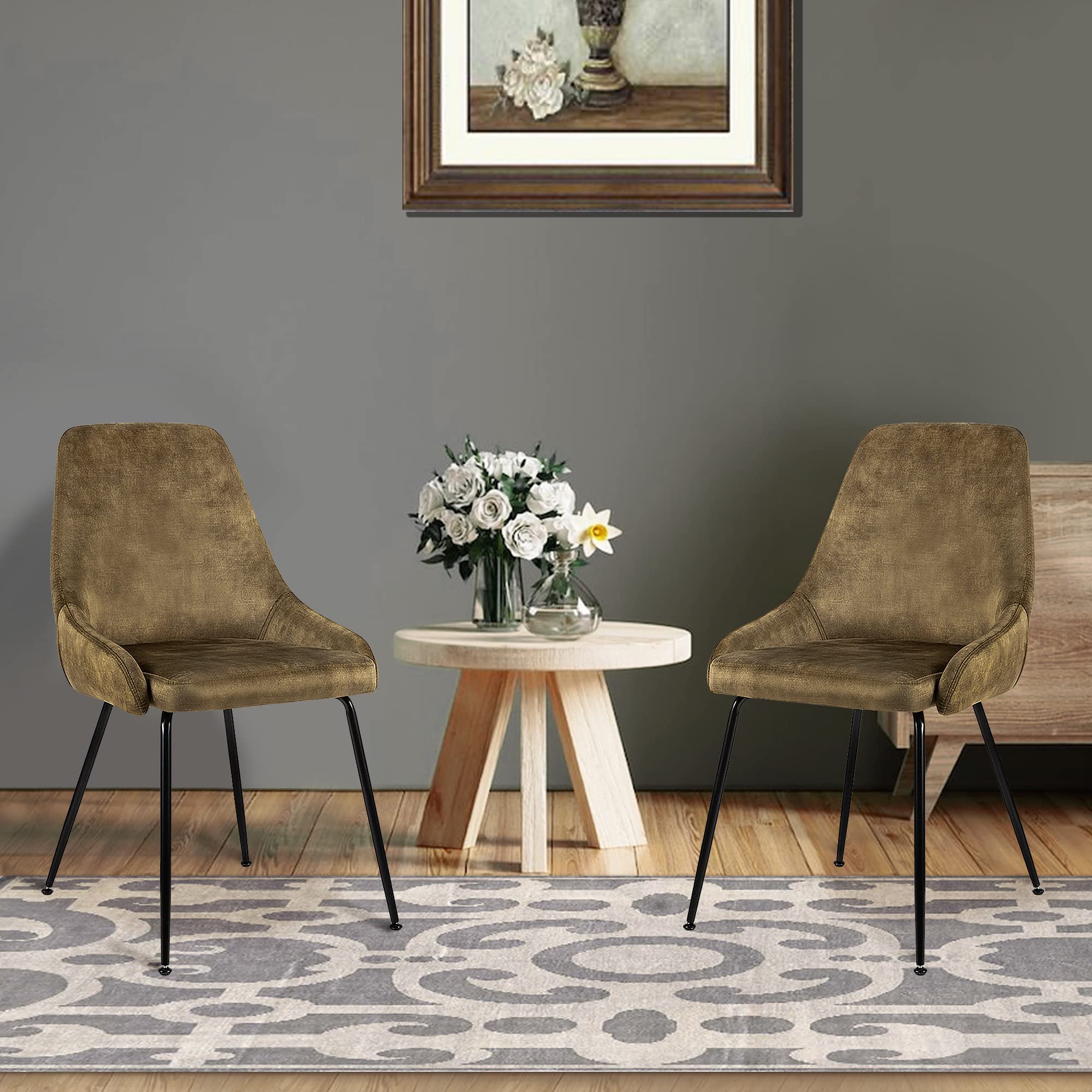 LEEJAY Olive Green Velvet Upholstered Dining Chairs Set of 6 - Mid-Century Modern High Back Kitchen Chairs with Metal Legs for Dining Room, Living Room & Office | Comfortable Seating for Family Meals, Entertaining Guests & Home Decor