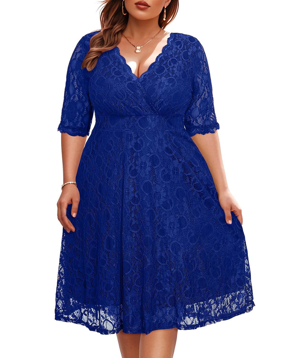 Plus Size Women's Lace Wrap V-Neck Knee-Length Dress for Wedding Guest & Cocktail Party | Semi-Formal Occasions, Date Night, Bridal Shower, Church Events