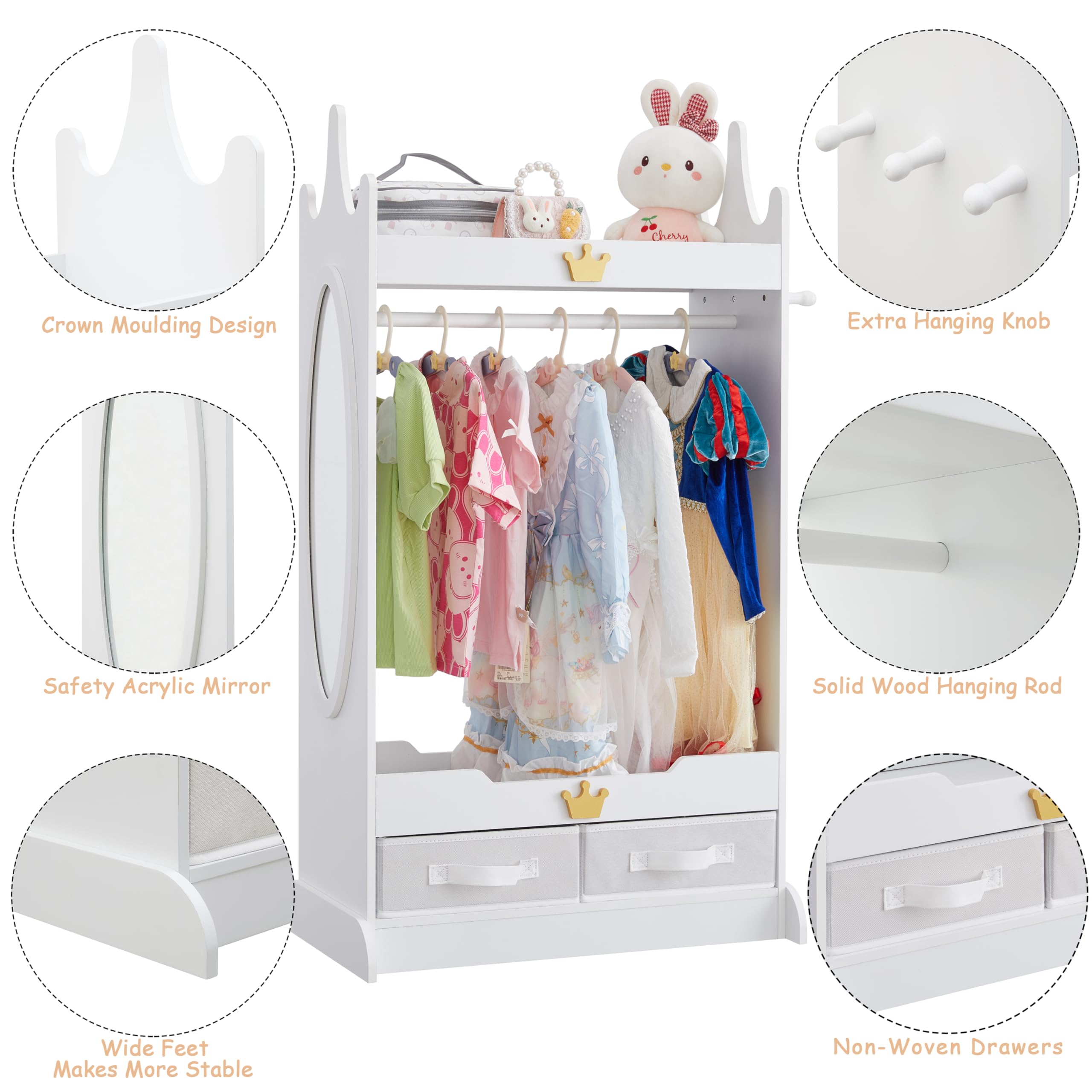 Kids Dress Up Storage Armoire with Mirror & 2 Non-Woven Drawers - White Costume Closet with Hanging Rack for Toddlers | Perfect for Bedroom, Playroom & Dress-Up Organization