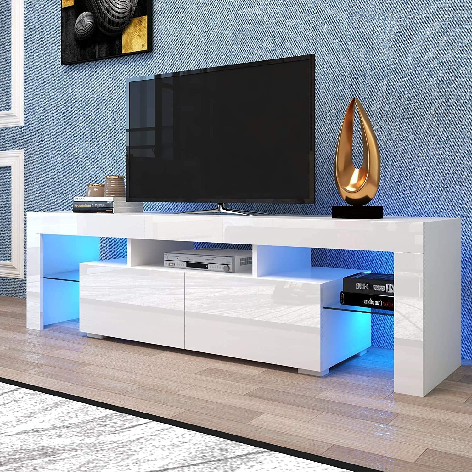65 Inch TV Stand with LED Lights - Modern High Gloss Entertainment Center & Media Console Table with Storage Cabinet - Perfect for Living Room, Home Theater & Gaming Setup