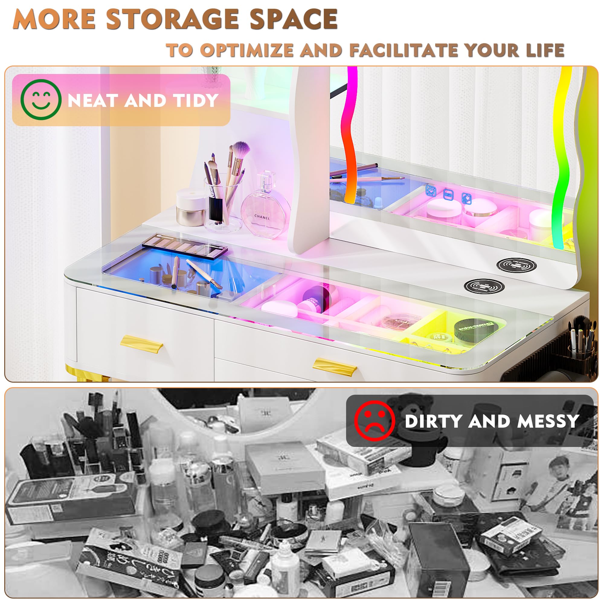 RGB Makeup Vanity Desk with Wireless Charging Station - 7 Dynamic & 7 Static Dimmable LED Lights, Glass Top Vanity Table with Auto Sensor Mirror & Stool - Perfect for Bedroom, Dressing Room & Beauty Salon Makeup Setup