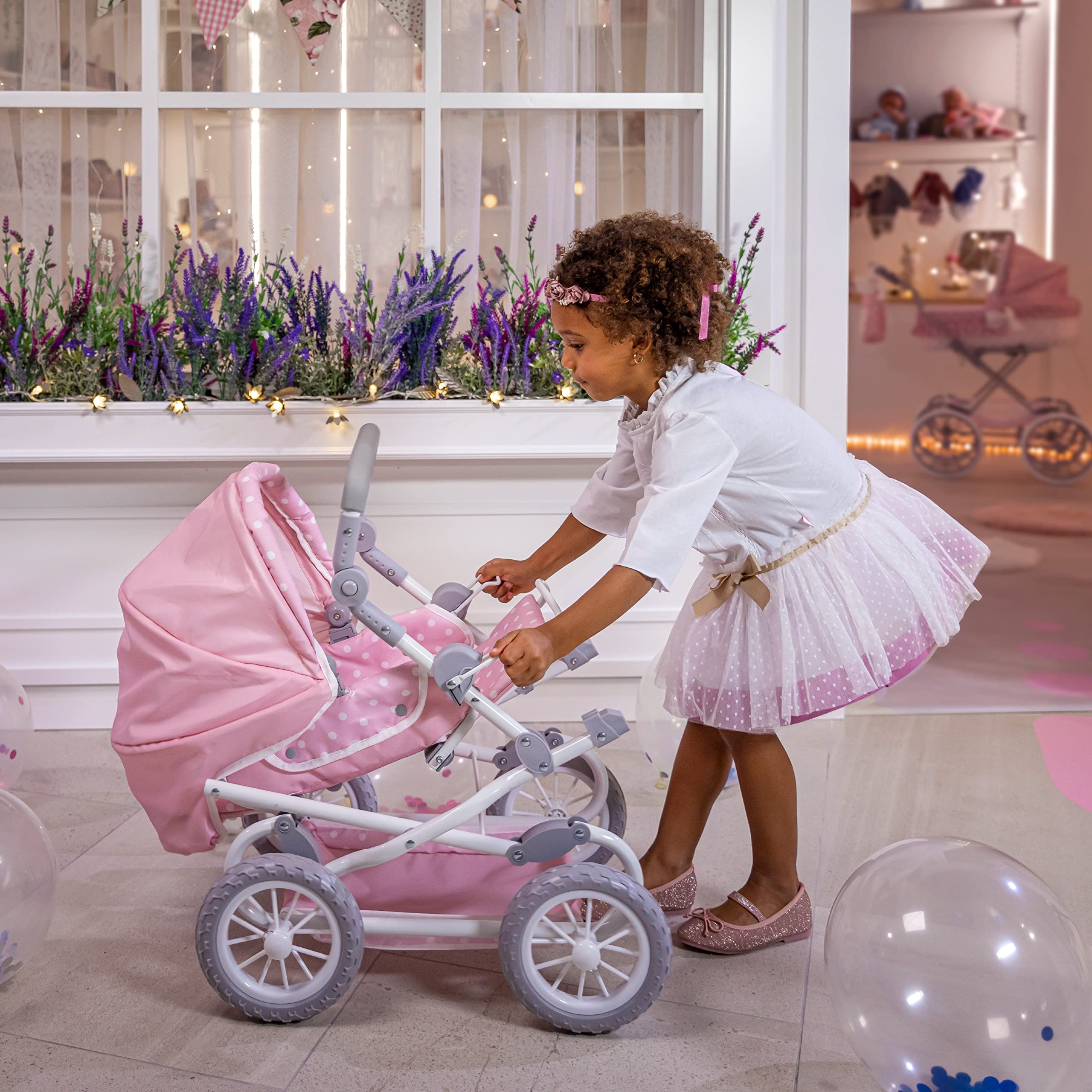 JC Toys Berenguer Boutique Deluxe Pink Foldable Baby Doll Stroller with Canopy & Removable Carry Basket - Perfect for Pretend Play, Role Play, and Gift for Girls Ages 3+ | Indoor & Outdoor Doll Accessories