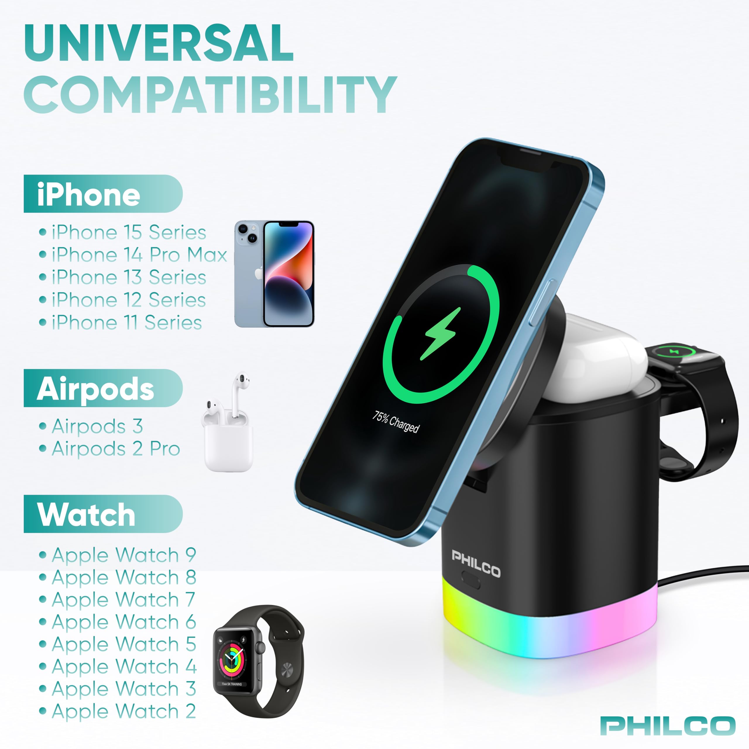 3-in-1 Magnetic Wireless Charging Station for iPhone 11/12/13/14/15/16 - 15W Fast Magsafe Charger with USB-C Port | Compatible with Apple Watch & AirPods | Foldable Compact Design & RGB Color Changing Light | Perfect for Home, Office & Travel Charging