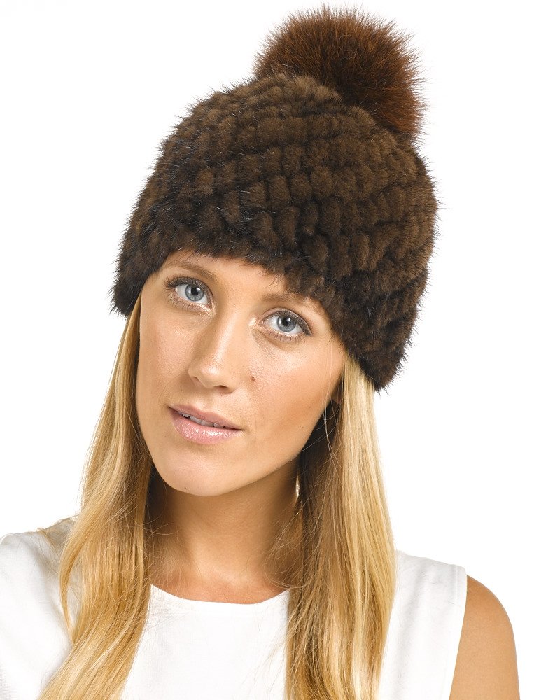 FrR Ciara Knit Mink Beanie with Fox Fur Pom Pom - Winter Warm Hat for Women, Outdoor Activities & Fashion Accessory