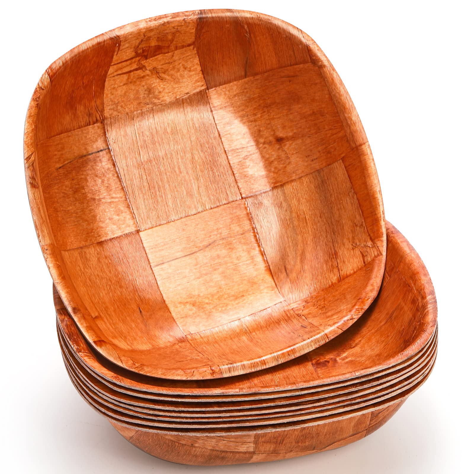 Elsjoy 8 Pack 8 Inch Wooden Woven Salad Bowls - Reusable Square Serving Bowls Set for Mixing, Snacks, Fruits | Unbreakable Eco-Friendly Kitchenware for Parties, Picnics, and Home Dining
