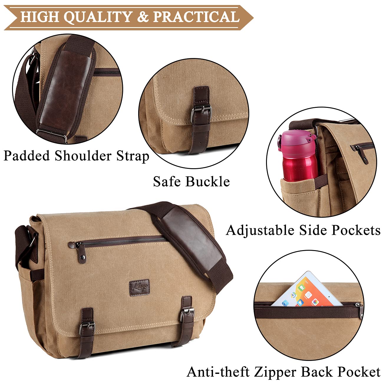 Kasqo Water Resistant Canvas Messenger Bag for Men - Durable 14