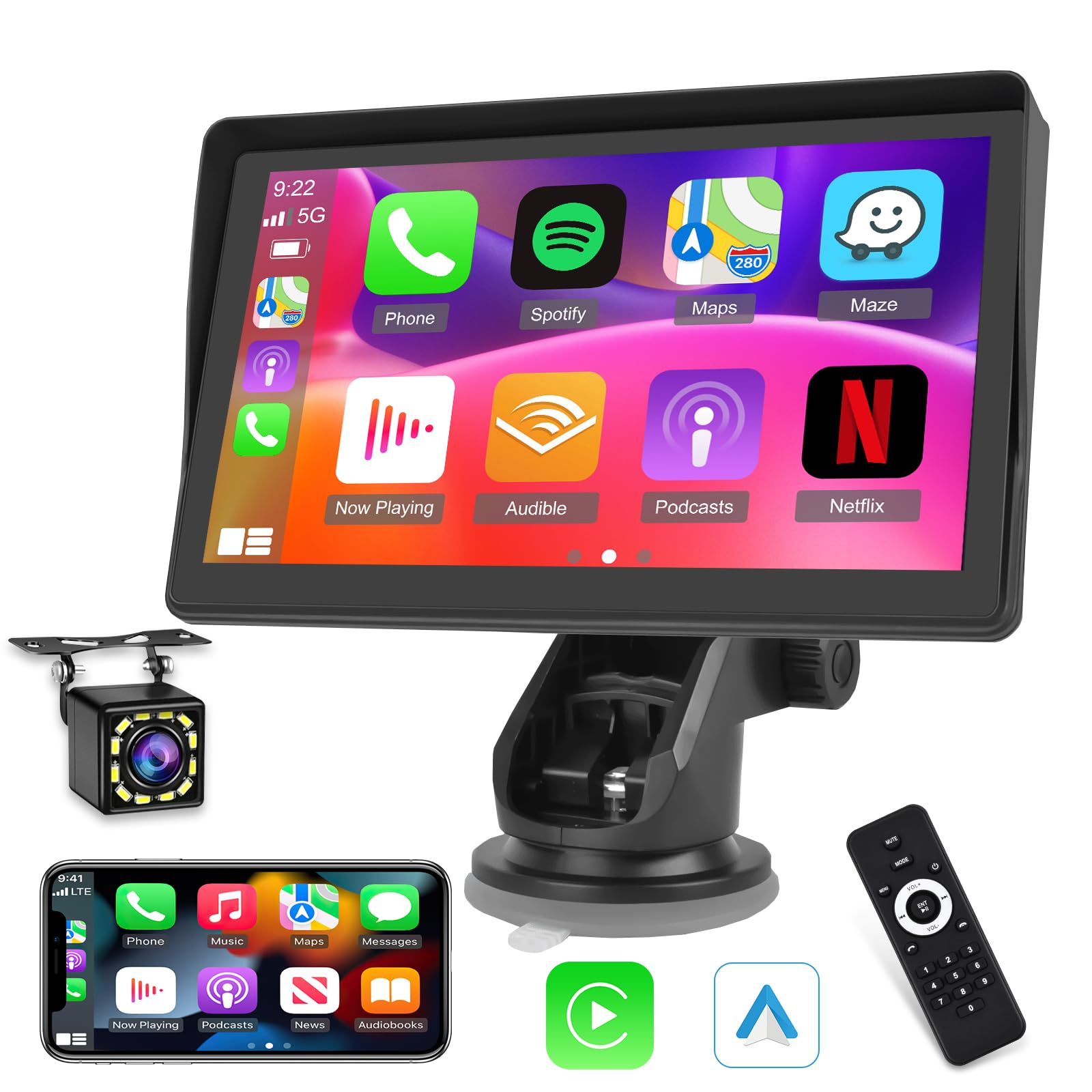 7 Inch Portable Apple CarPlay & Android Auto Wireless Car Screen - GPS Navigation System with Mirror Link, Bluetooth, FM Transmitter & USB - 12 LED Backup Camera for Safe Parking - Perfect for Road Trips & Daily Commuting