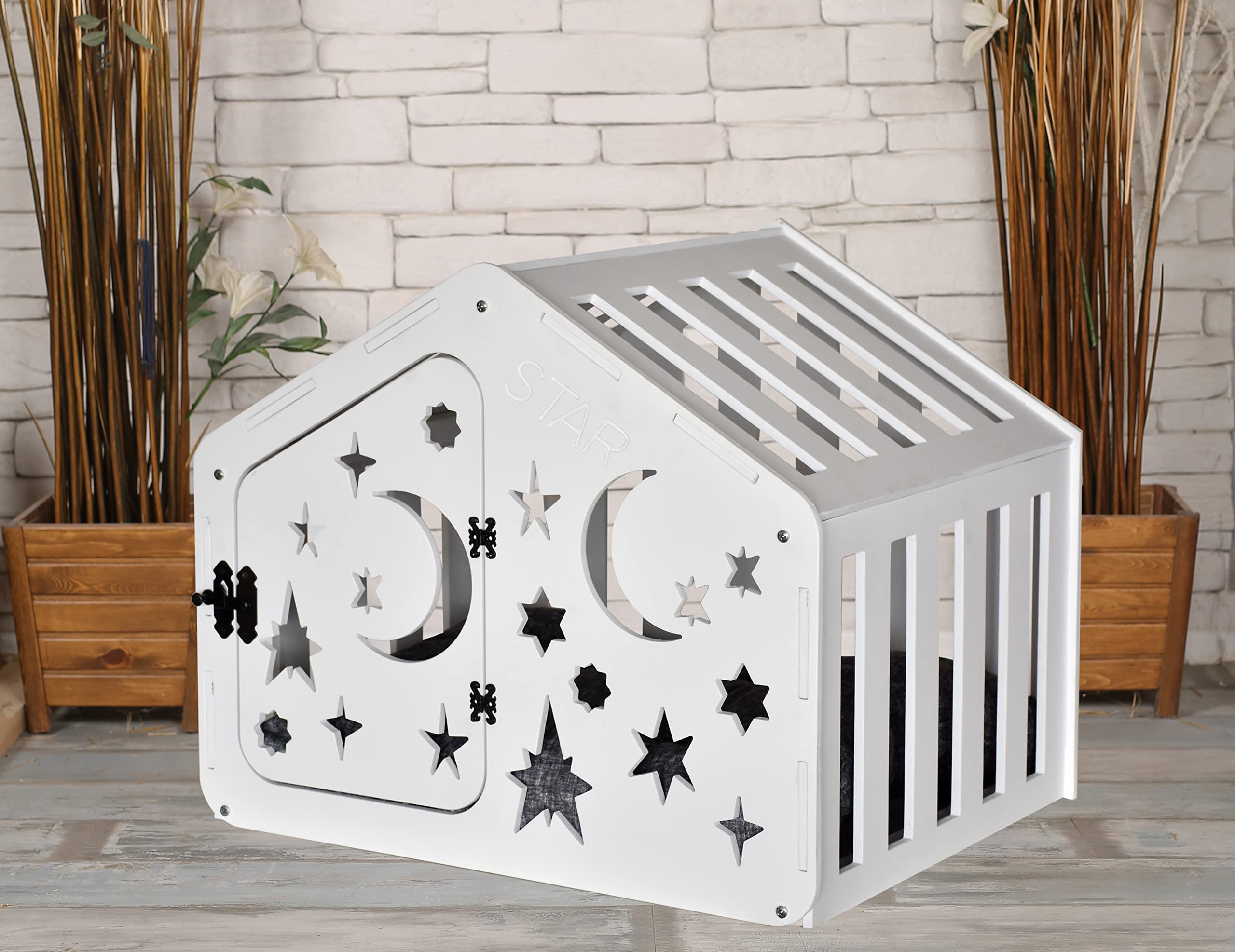 Layka Modern Indoor Dog House - Premium Wooden Dog Kennel with Double Doors & Cushion - Stylish Pet House for All Dog Breeds - Urban Dog Crate Furniture for Living Room, Bedroom or Office (Wood Craft Station, House of Paws)