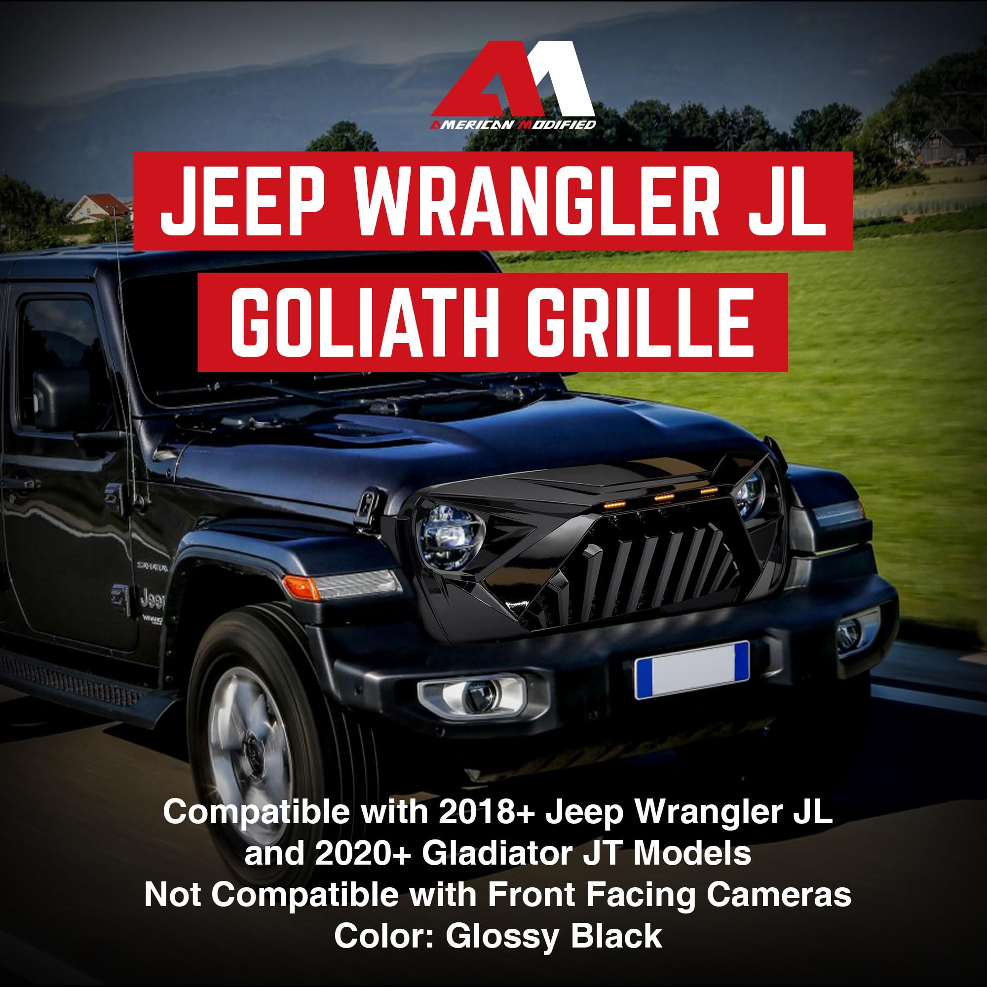 Goliath Grille with LED Amber Lights for 2018+ Jeep Wrangler JL & 2020+ Gladiator JT (Non-TrailCam) - Glossy Black | Off-Road Upgrade | Enhanced Style & Visibility for Night Adventures