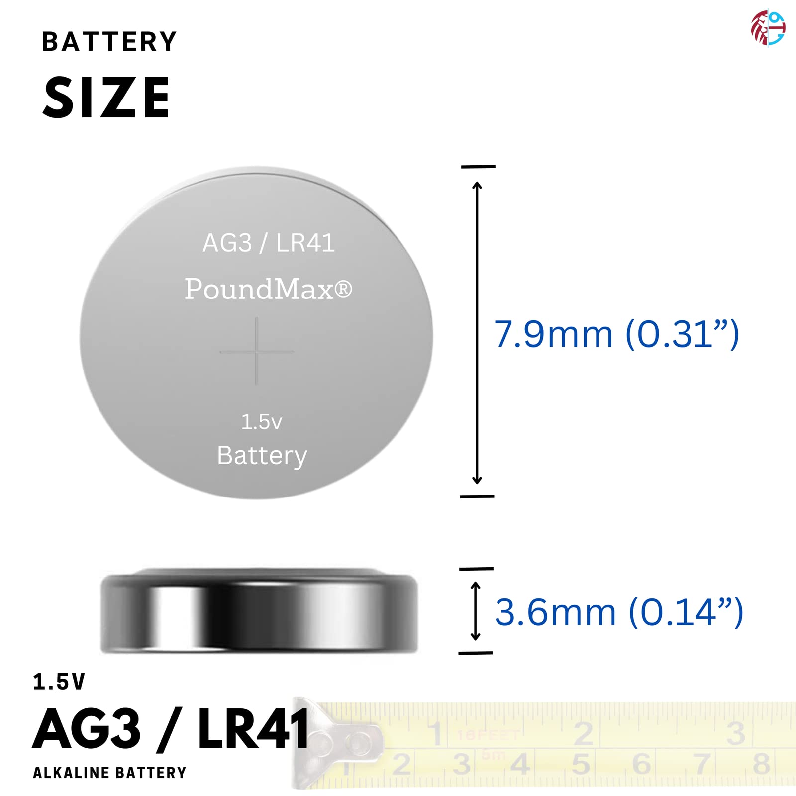PoundMax AG3 LR41 1.5V Alkaline Button Cell Batteries - 10 Pack for Watches, Calculators, Thermometers & Small Electronics