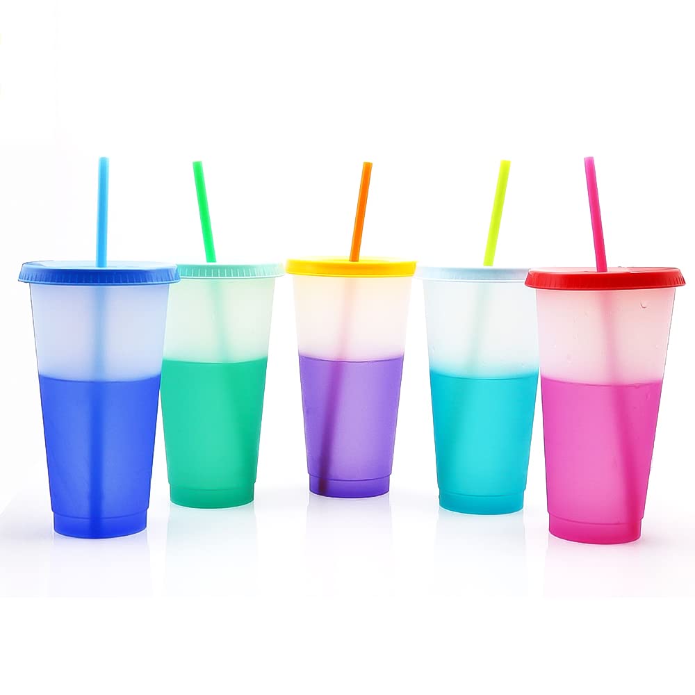 LINNNZI 5-Pack Color Changing Plastic Cups with Lids & Straws - 750ML Reusable Kids Tumblers for Girls & Boys - Perfect for Birthday Parties, Smoothies, and Summer Drinks