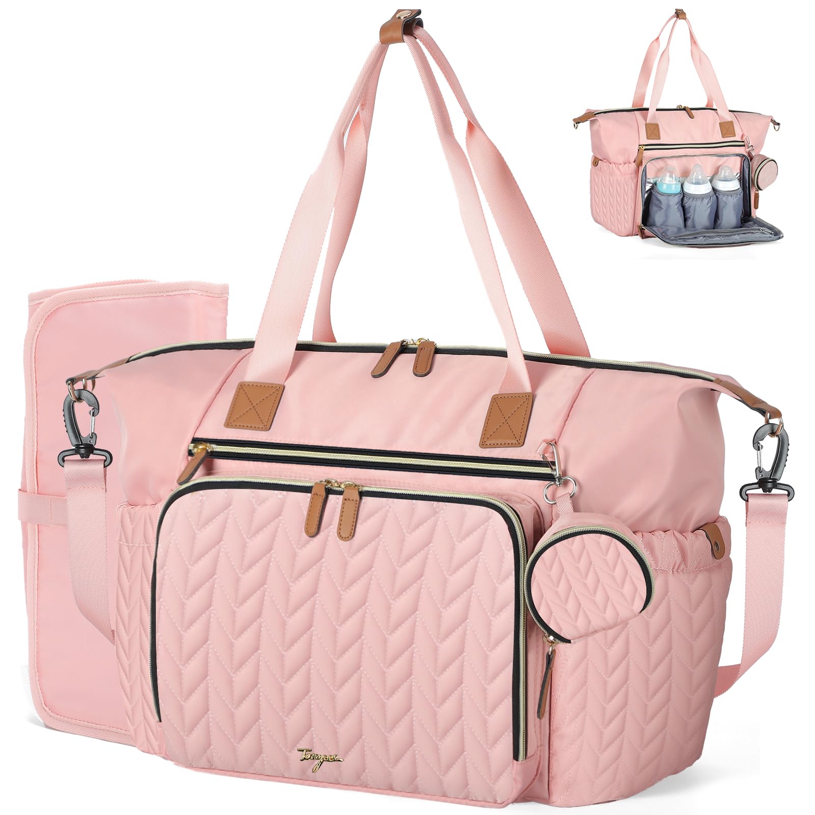 Waterproof Large Diaper Bag Tote with Changing Pad & Pacifier Case - Hospital Delivery Bag for Labor, Baby Travel Essentials, Pink (Perfect for Moms On-the-Go, Hospital Visits & Family Outings)