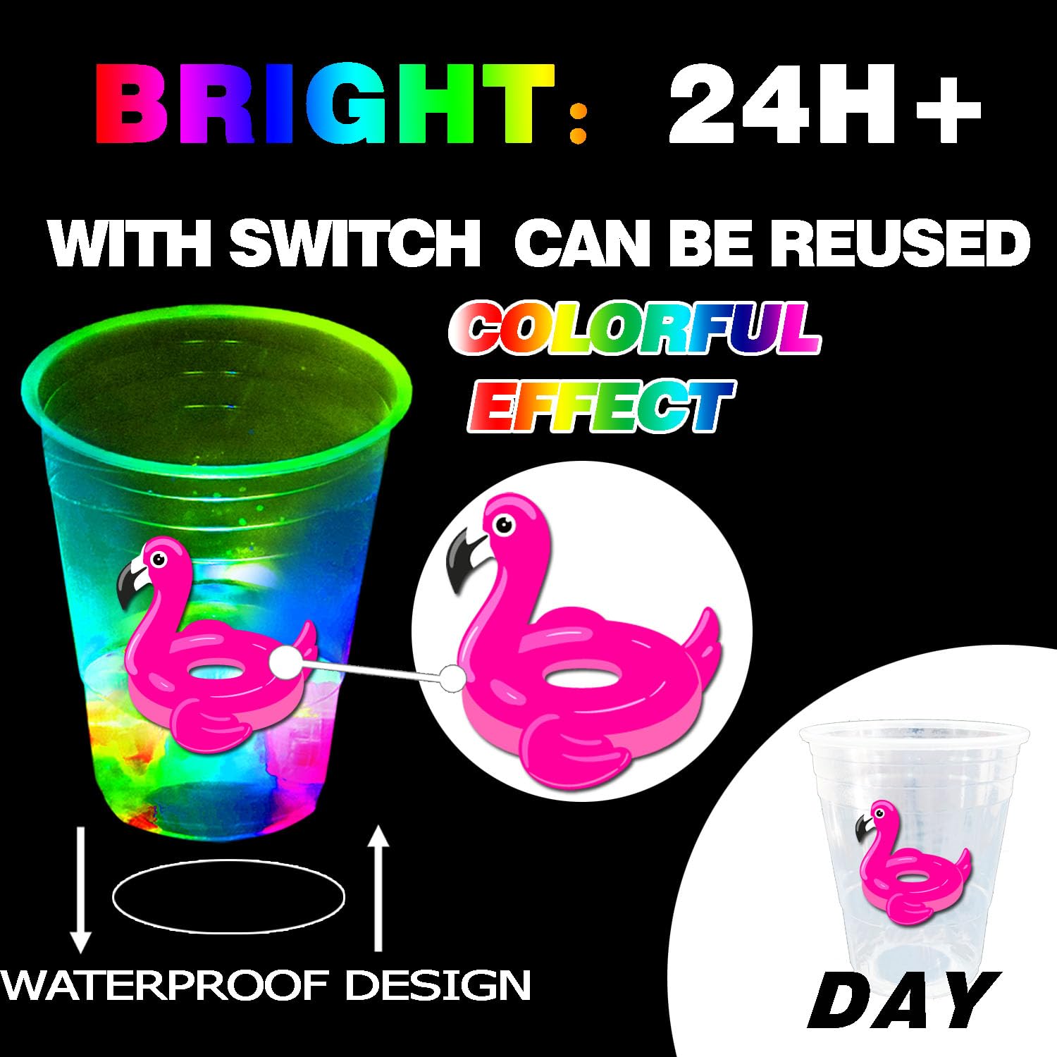 24 Pcs Fun Beach Party Decorations - Glow Theme Cups, Summer Pool Birthday Party Supplies, Tiki Bar Drinkware for Day & Night (16 oz, 24 Patterns) - Perfect for Luau, Pool Parties & Summer Celebrations
