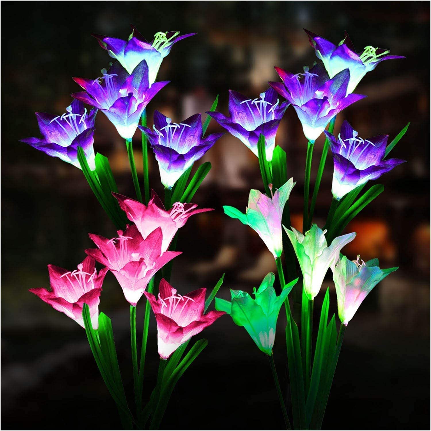 Dolucky 4 Pack Solar Garden Lights with 16 Large Lily Solar Flowers - Multicolor Changing LED Outdoor Solar Lights for Patio, Lawn, Yard & Garden Decoration | Waterproof & Weatherproof for Year-Round Use