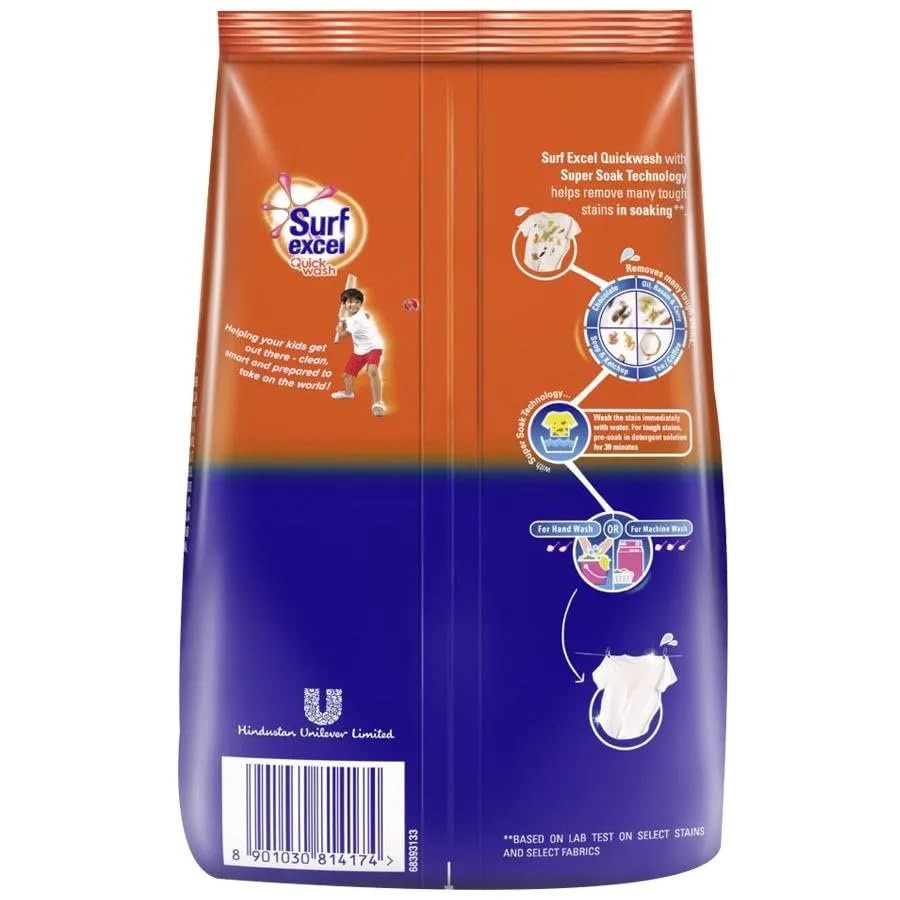 Surf Excel Quick Wash Detergent Powder 1 kg - Lemon & Bleach Formula for Tough Stain Removal | Works in Bucket & Washing Machine | Ideal for Laundry, Baby Clothes & Sports Wear