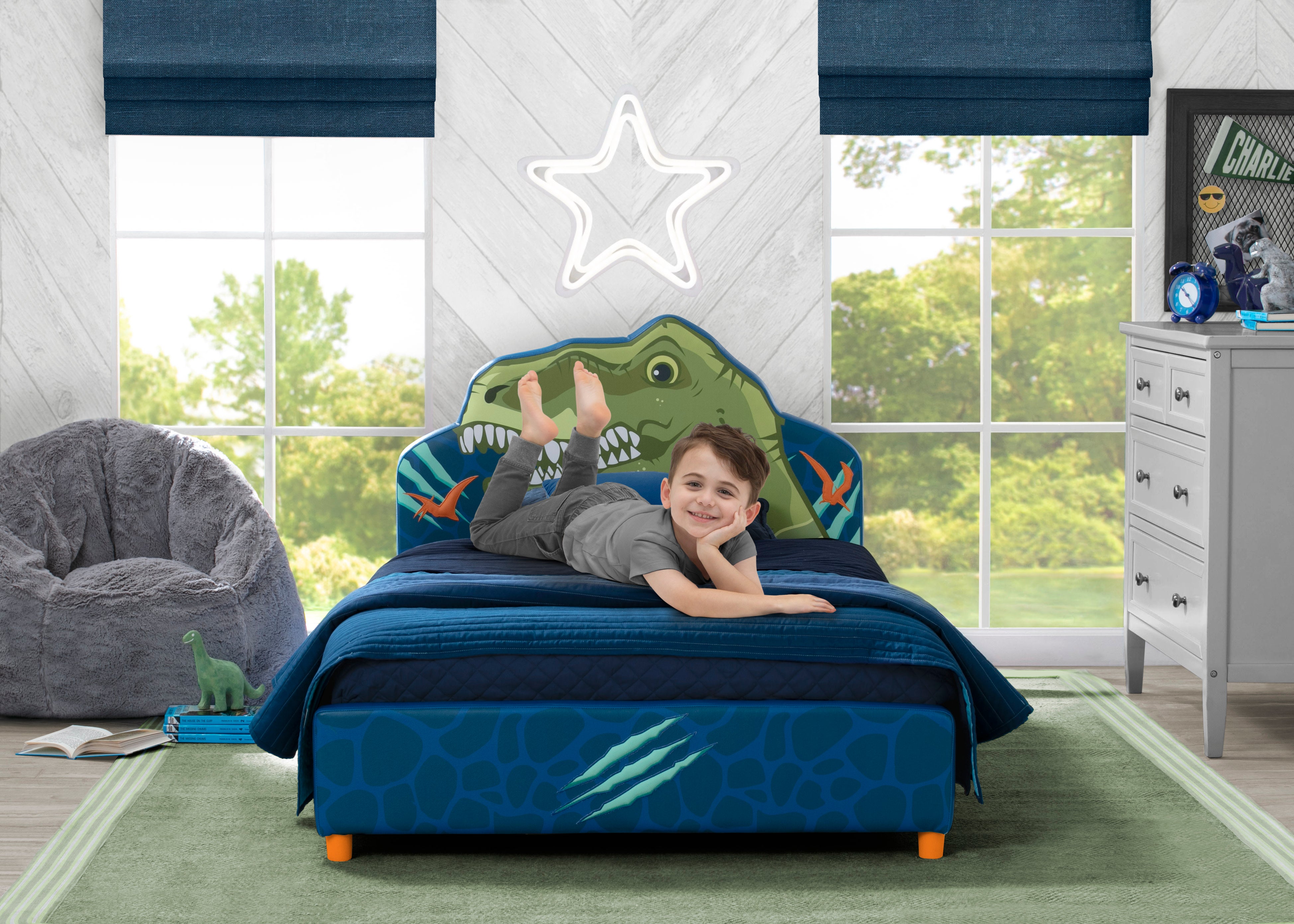 Dinosaur Themed Twin Upholstered Bed for Kids - Cozy and Fun Dino Bedroom Decor for Boys & Girls | Perfect for Bedrooms, Playrooms, and Themed Rooms