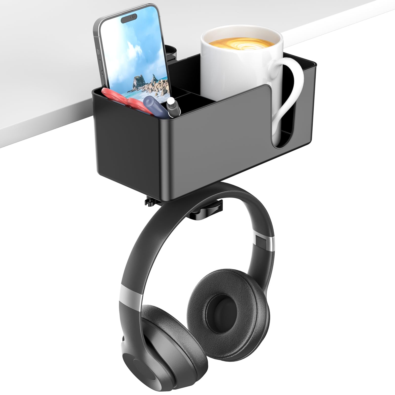 KDD 4-in-1 Under Desk Organizer - Rotating Headphone Holder with Detachable Cup & Pen Storage - Space Saving Desk Accessory for Office, Gaming & Home Use (Black)