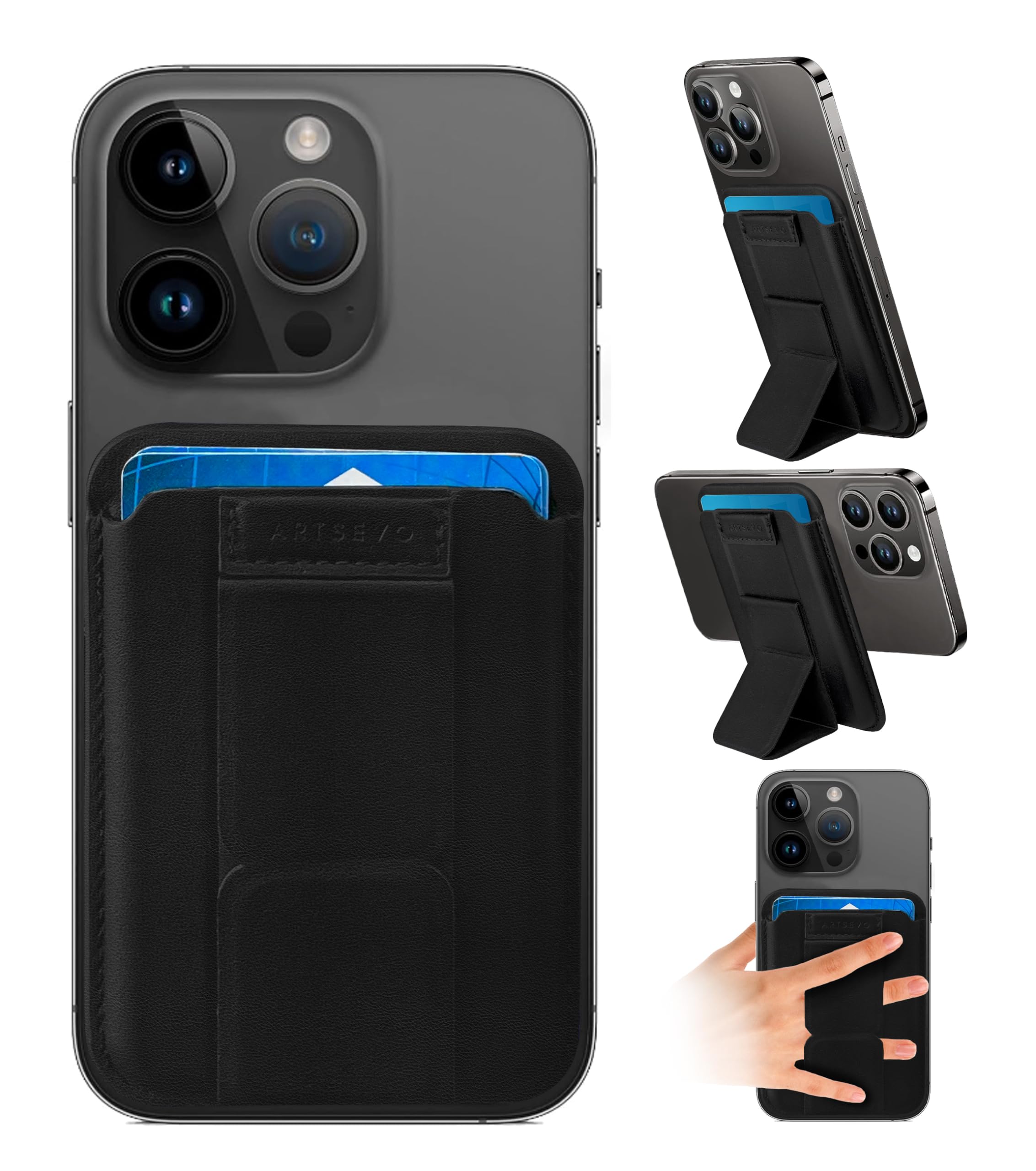 **ArtsEvo Magnetic Wallet with Stand & Finger Loop - Compatible with iPhone MagSafe for iPhone 15/14/13/12 (Excludes Mini) - Slim 3-Card Holder (Black) - Perfect for Hands-Free Viewing, Secure Card Storage & Everyday Convenience**