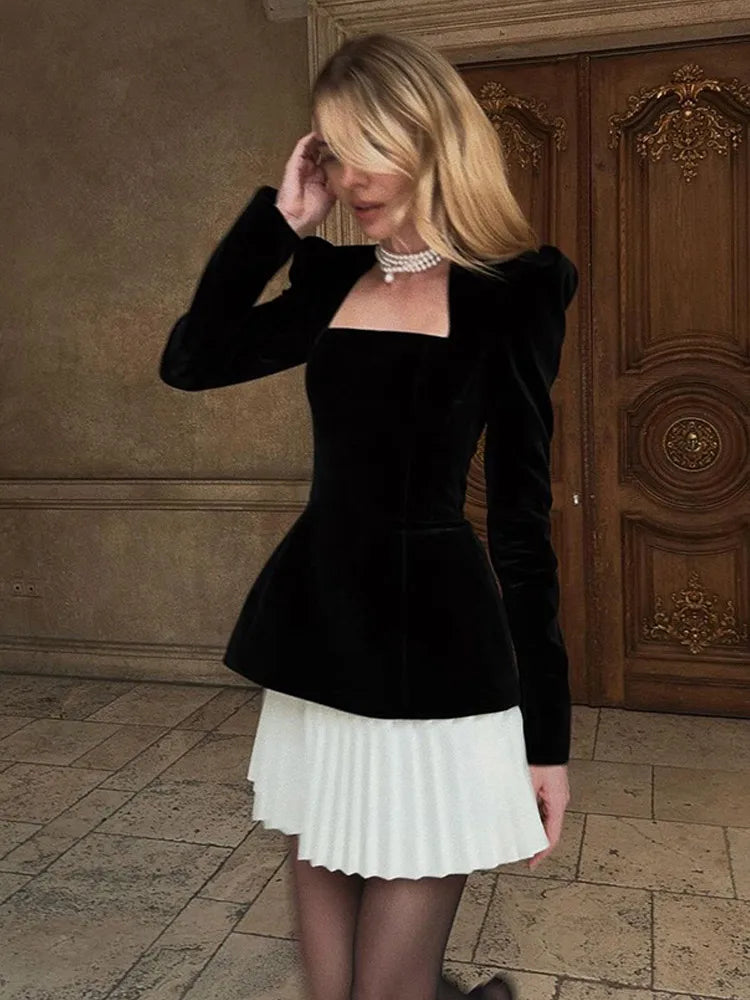 Elegant Velvet Midi Dress with Contrast Pleated Hem & Square Neck - Shoulder Padded Short Dress for Women | Fall Evening Party, Cocktail Events & Holiday Occasions