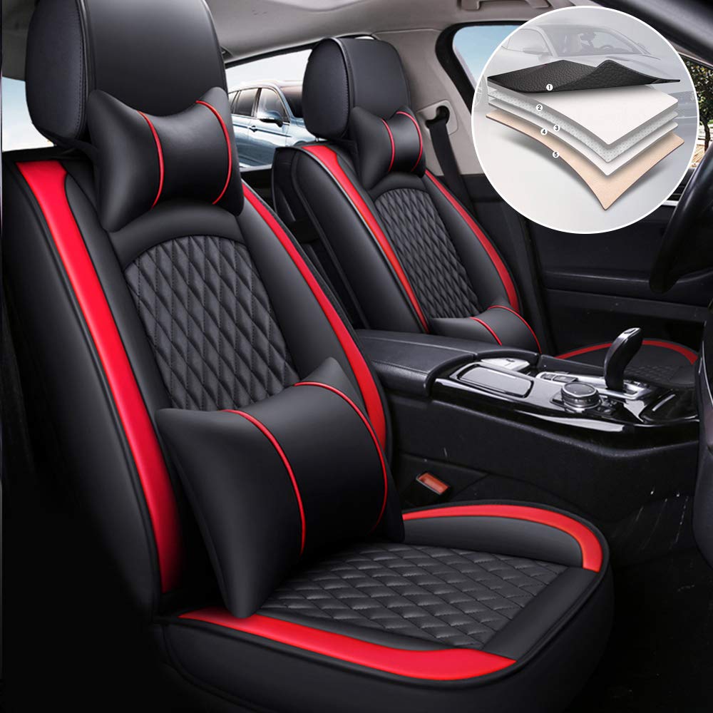 Premium Leatherette Car Seat Covers for Honda Ridgeline - Airbag Compatible Front & Rear Seat Protectors with Headrest & Lumbar Support - Durable Black & Red Luxury Cushions - Perfect for Road Trips & Daily Commutes