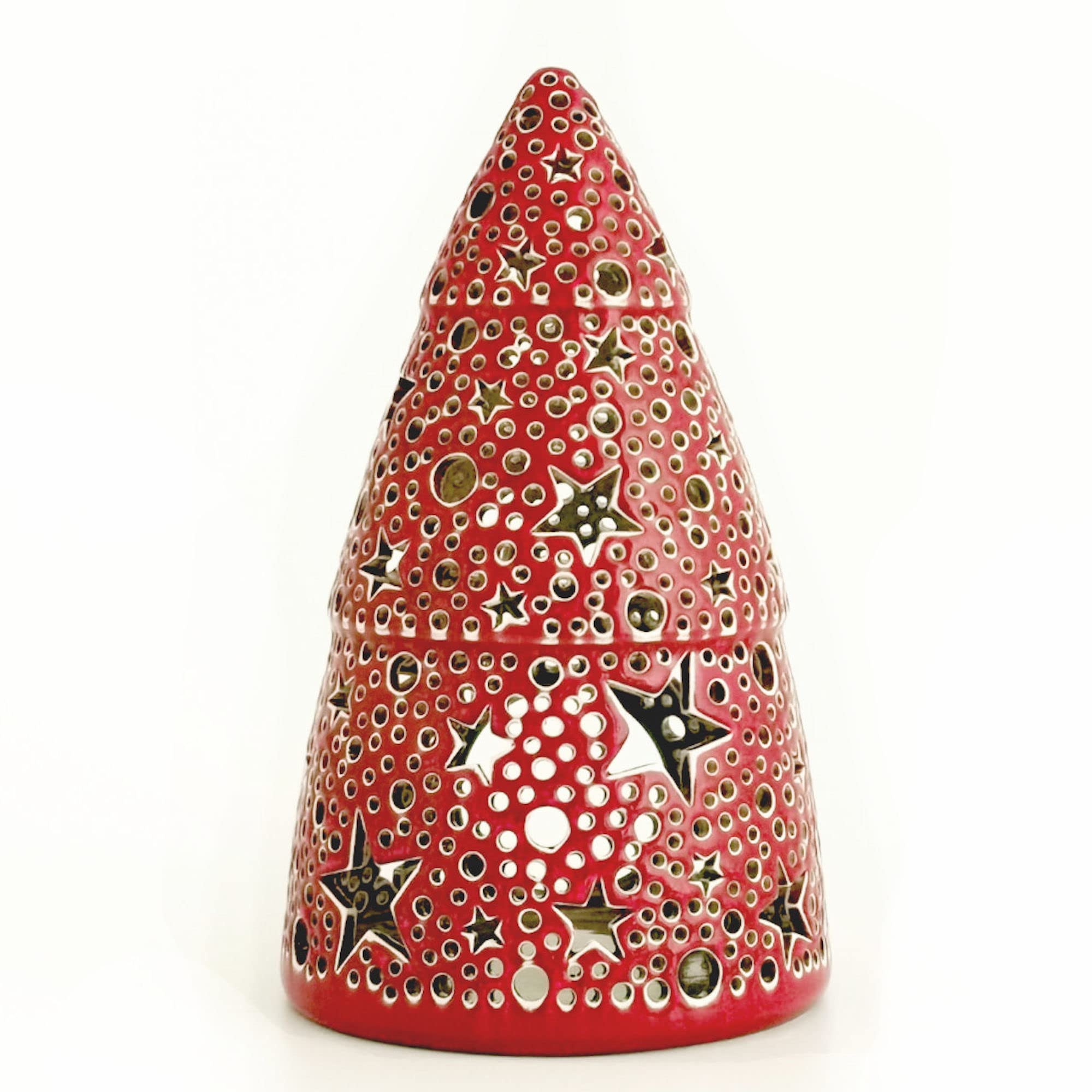 Handmade Red Christmas Tealight Holder - Ceramic Candle Lantern with Stars & Bubbles Design for Holiday Decor, Xmas Tabletop Centerpiece, Gift Idea (Perfect for Mantel Decor, Dinner Party Lighting, Winter Wedding Decorations)