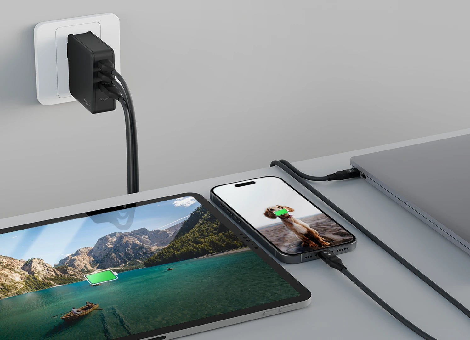 Volta Giga 100W USB C GaN Fast Charger - 3 Port Compact Wall Charger for MacBook, iPhone, Samsung Galaxy & More | Perfect for Travel, Office & Home Use