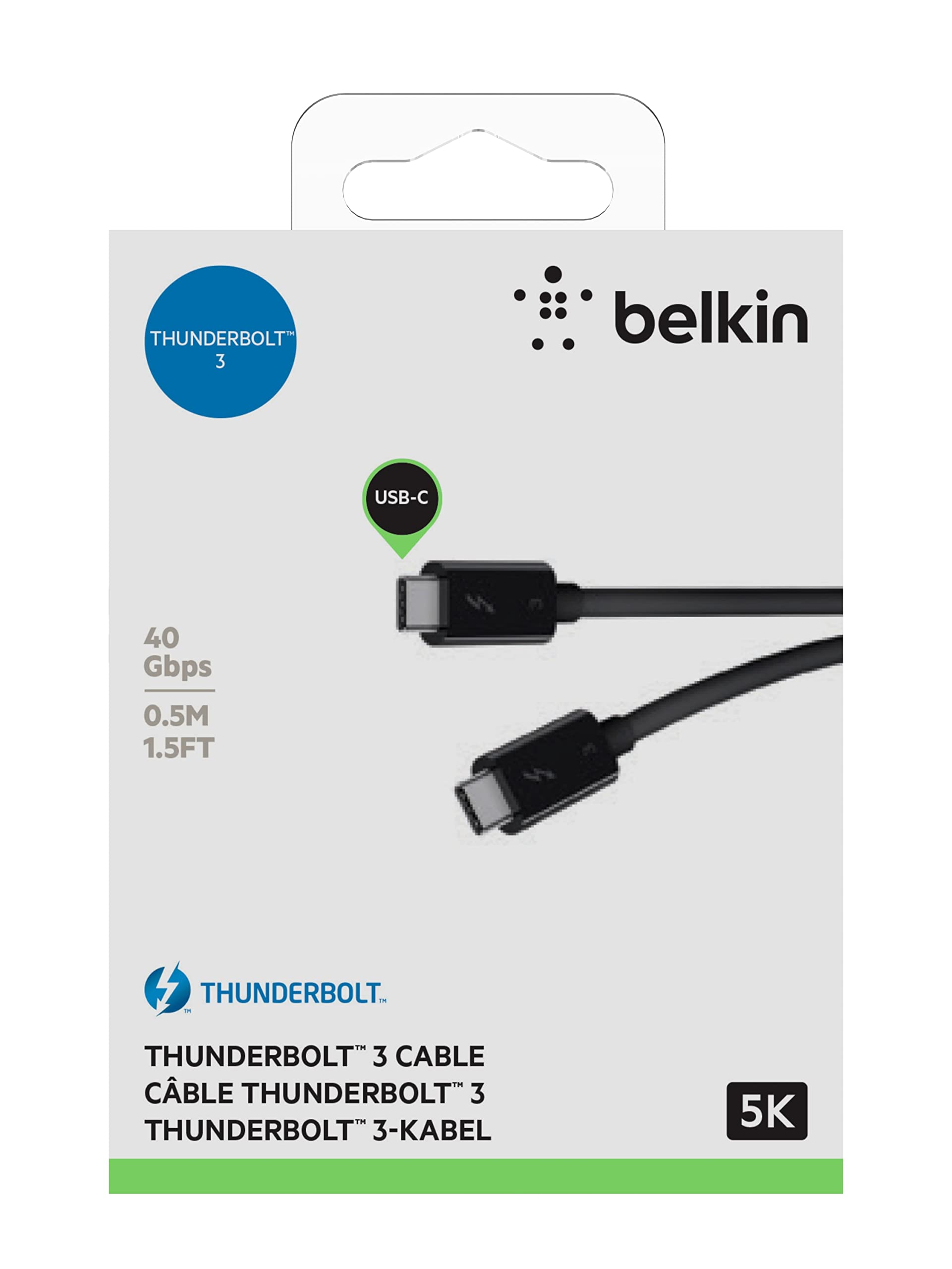 Belkin Thunderbolt 3 Cable (USB-C to USB-C) 100W Fast Charging & Data Sync - 1.6ft/0.5m for MacBook Pro, iPad Pro, Dell XPS & More - Perfect for Home Office & Travel Charging
