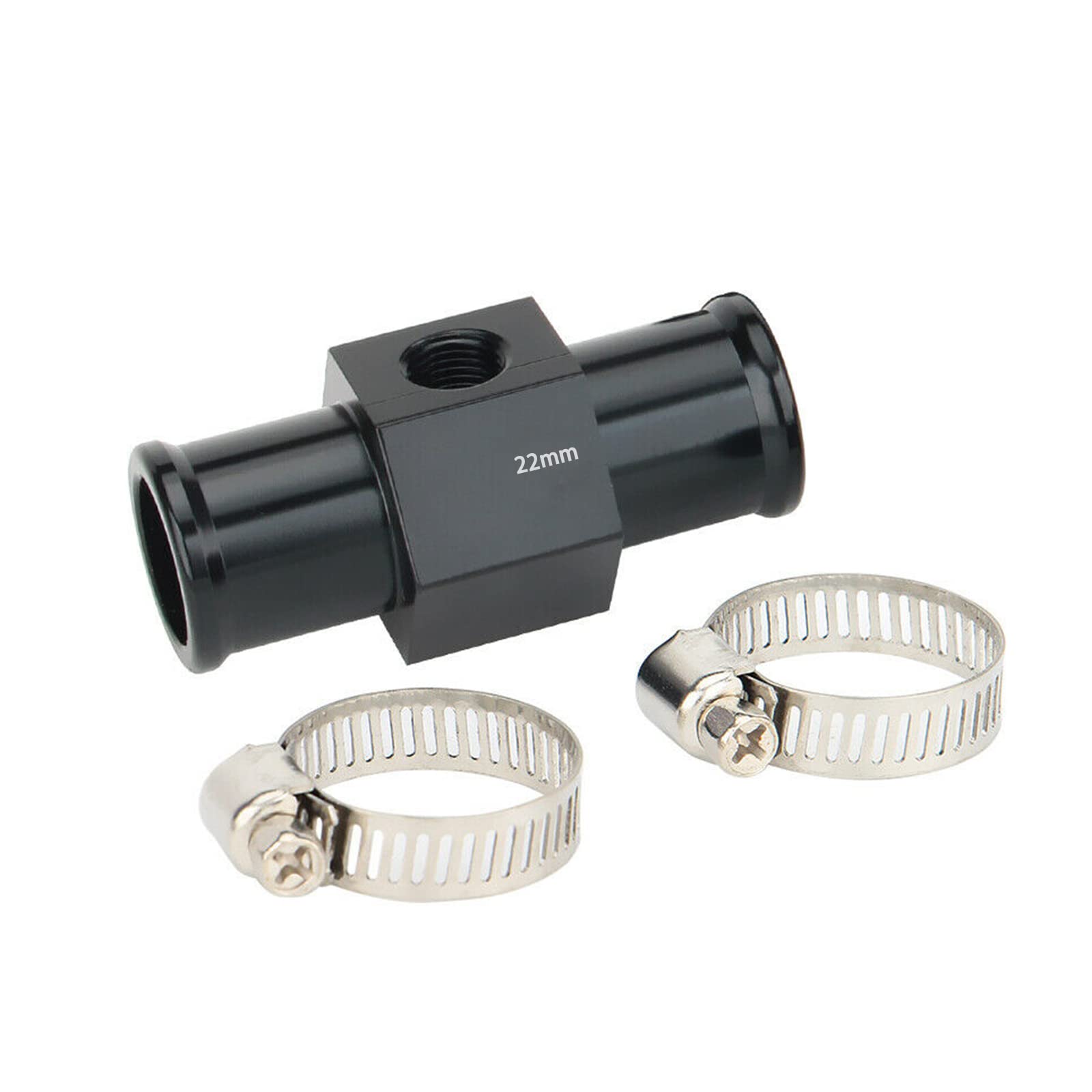 Black Aluminum Water Temperature Gauge Sensor Adapter - 22mm Radiator Hose Pipe Fitting with Clamps | For Automotive Cooling System, Marine Engine & Industrial Equipment Monitoring