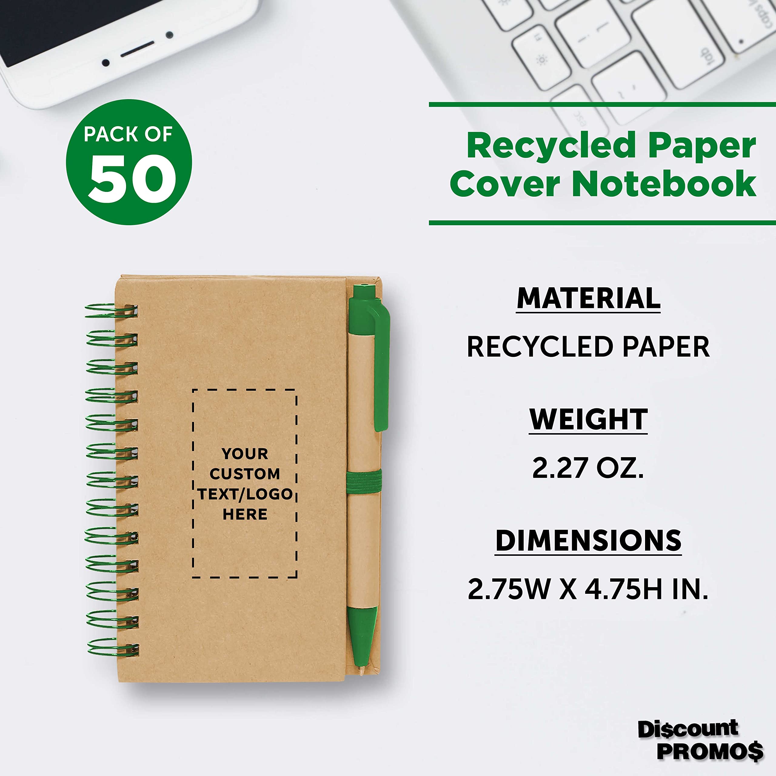 Custom Mini Spiral Notebooks with Black Ink Pens - 50-Pack Bulk Personalized Notepad Set for School, Office & Business | Compact Writing Journals for Students, Professionals & Home Use | Eco-Friendly Green Design