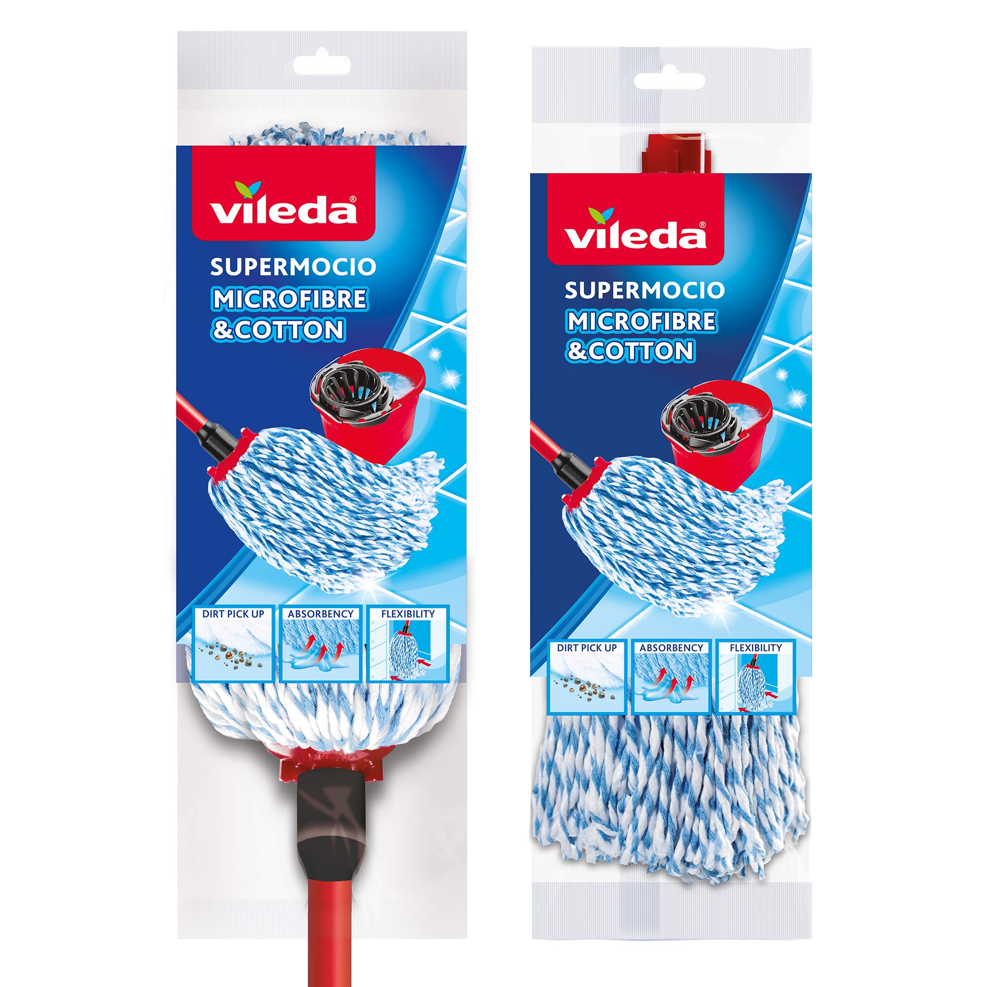 Vileda SuperMocio Microfiber and Cotton Mop with Extra Refill - Red | Heavy Duty Floor Cleaning for Hardwood, Tile & Laminate | Kitchen, Bathroom & Home Use