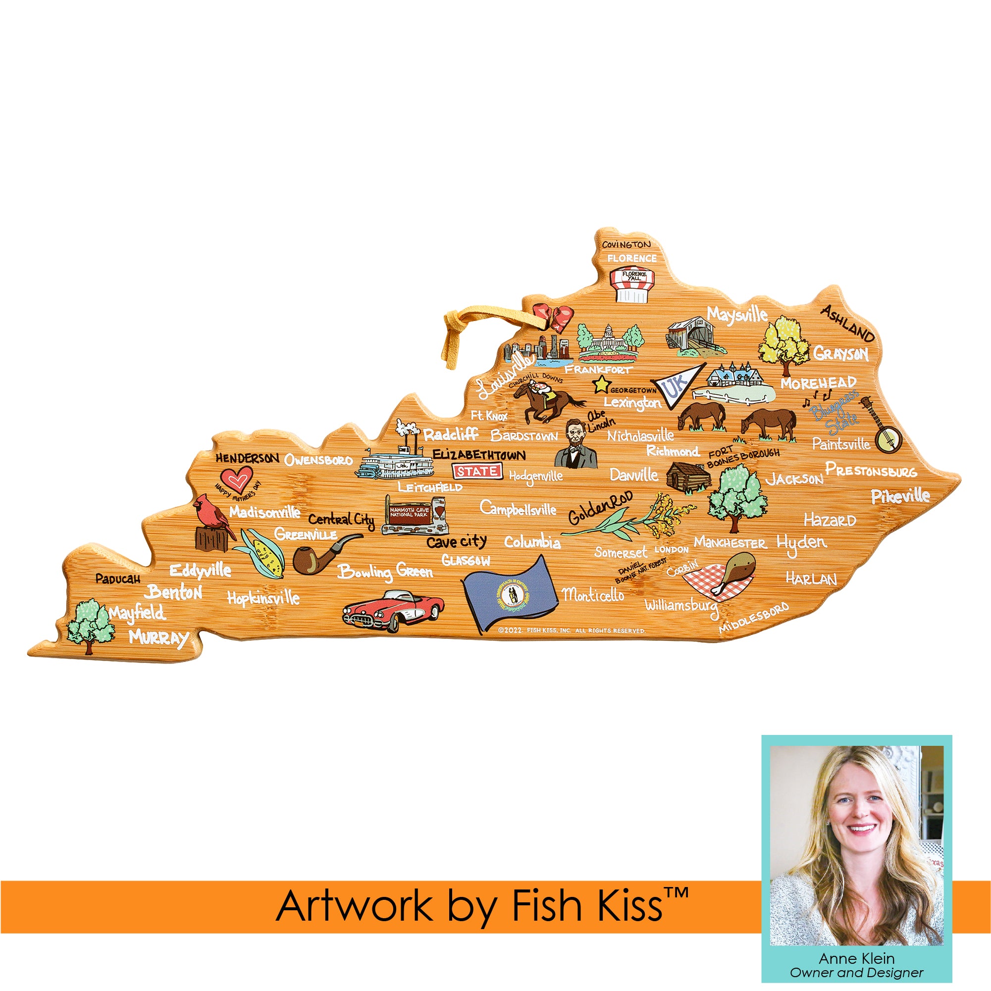 Premium Kentucky Wooden Cutting Board with Fish Kiss™ Artwork – Durable Kitchen Essential for Chopping, Serving & Decor
