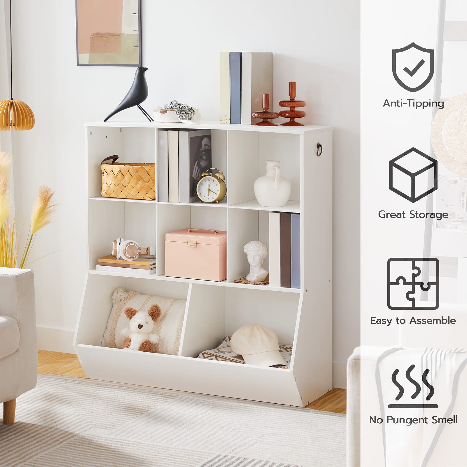 HOOBRO Kids Bookshelf and Toy Storage Organizer - 8-Cubicle Bookcase with Footboard for Playroom, Bedroom, Nursery & School - White WT35CW01G1 | Perfect for Organizing Children's Books, Toys & Learning Supplies in Home or Classroom