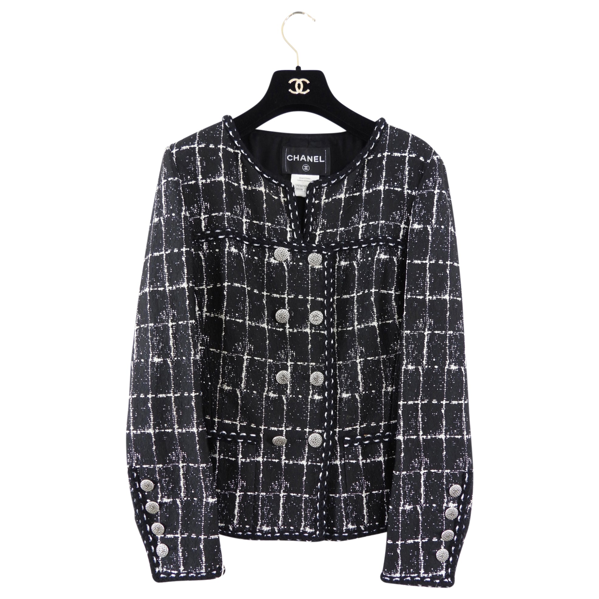 Chanel 14P Black and White Checkered Button Front Jacket Size FR42 - Perfect for Office Wear and Evening Outfits