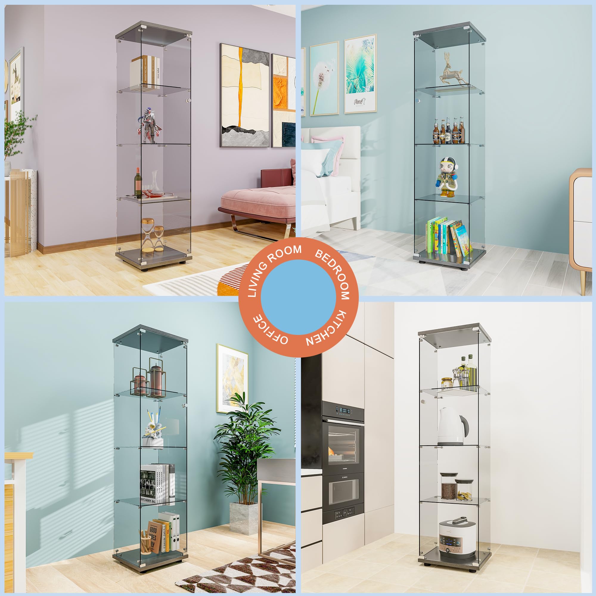 FANYUSHOW 4-Tier Glass Display Cabinet with Tempered Glass Door - Black Curio Cabinet for Collectibles, Home Decor & Retail Store Display (Living Room, Bedroom, Office, Shop)