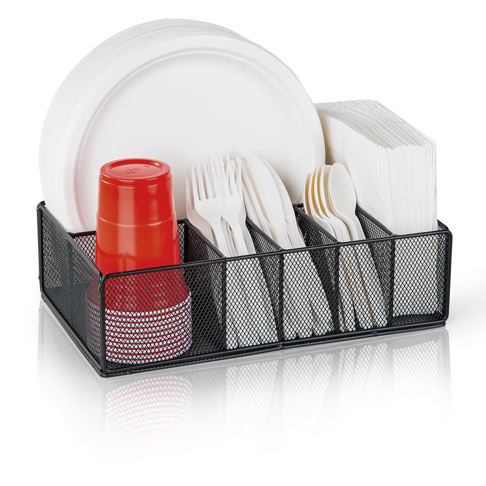 Metal Silverware Caddy & Paper Plate Organizer for Countertop - Plate, Cup, Fork, Spoon, Napkin Holder - Perfect for Party, Camping, Picnic, Kitchen & Dining Organization (Black)