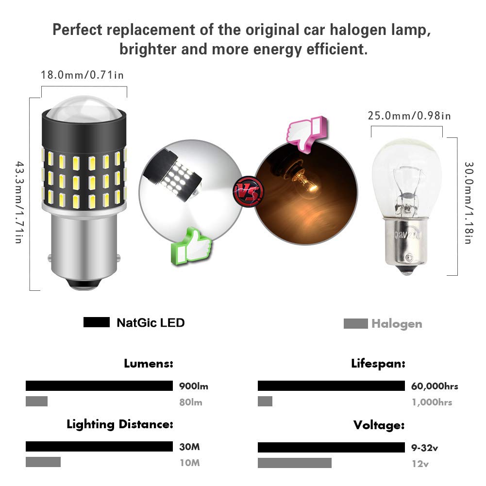 1156 BA15S LED Bulbs - 3014SMD 54-EX Chipsets with Lens Projector - Super Bright 1095 7506 Backup Reverse Lights - Compatible with Tail Lights, Brake Lights, Stop Parking Lights - 12-24V DC - Red (Pack of 2) - Perfect for Trucks, SUVs, Cars & Motorcycle Safety Lighting Upgrades