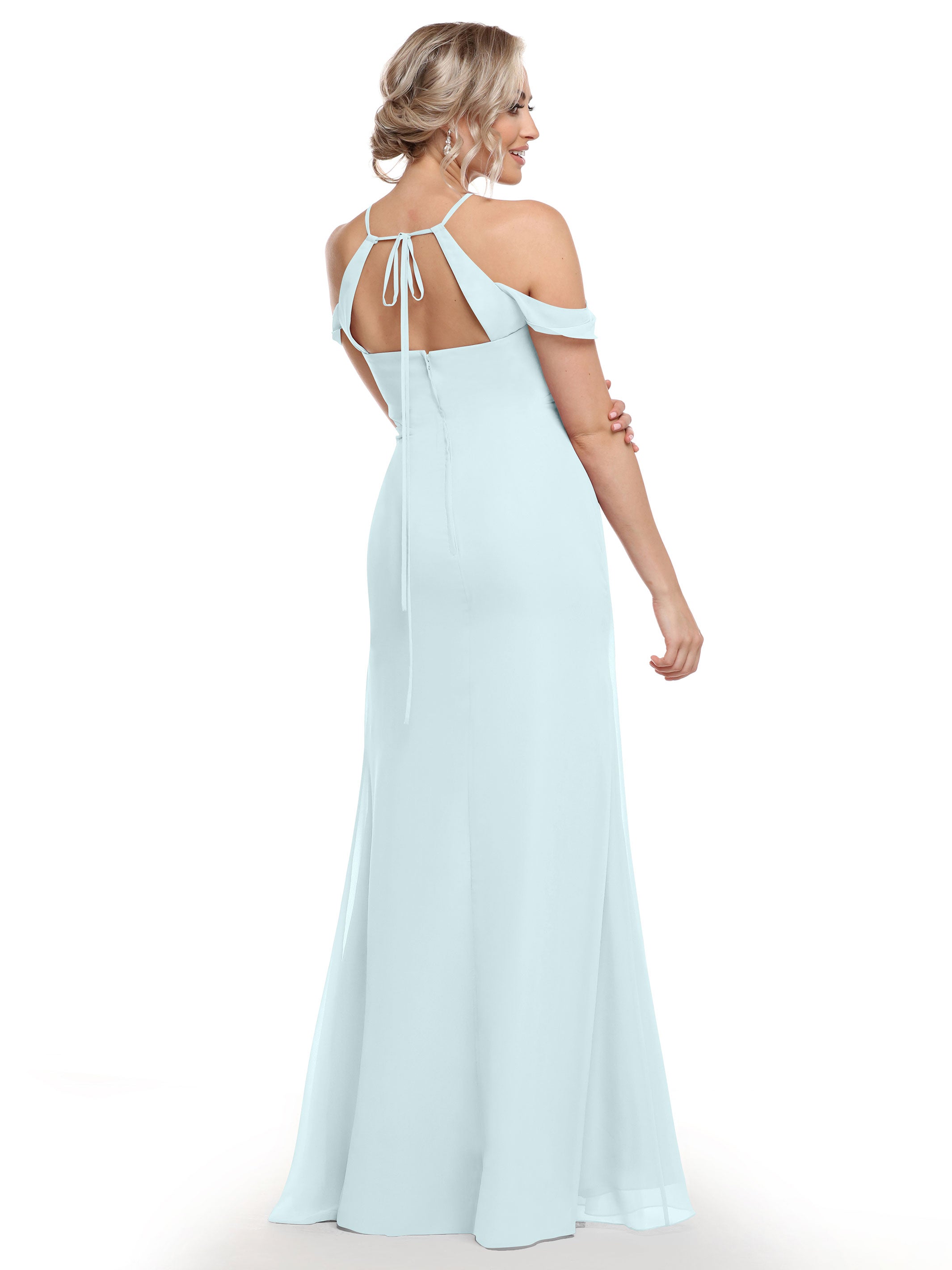 Elegant Off-The-Shoulder Chiffon Bridesmaid Dress with Halter Neckline - Perfect for Weddings, Formal Events & Special Occasions