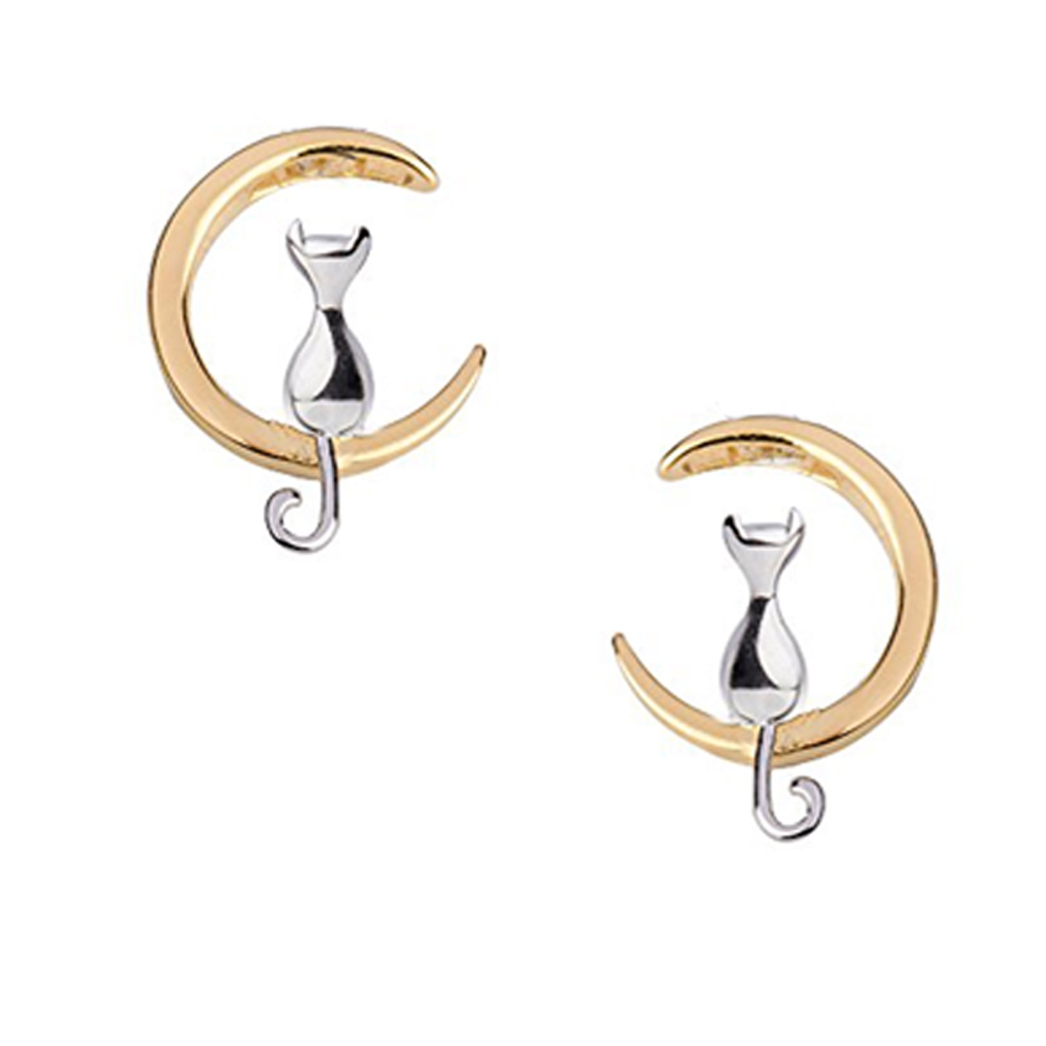 925 Sterling Silver Cat Necklace with Crescent Moon - 3D Kitten Pendant for Cat Lovers | Perfect Daily Jewelry Gift for Women (Gold Cat Stud Earrings Included) | Ideal for Birthday, Anniversary & Valentine's Day Gifts