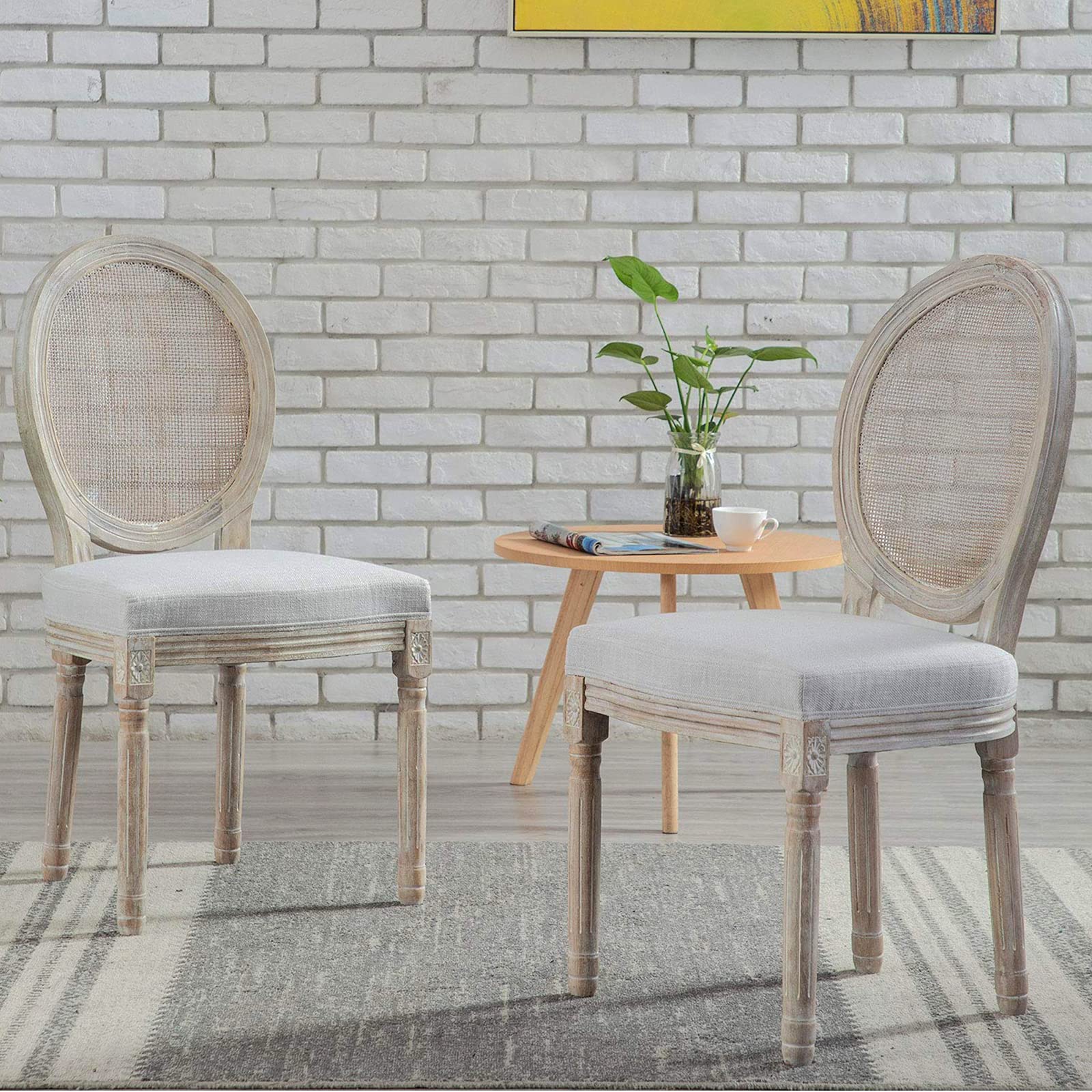 Vintage French Style Dining Chairs Set of 2 - Distressed Wooden Chairs with Woven Cane Back & Padded Upholstered Seats - Elegant Beige Kitchen, Dining Room & Living Room Furniture for Home Decor