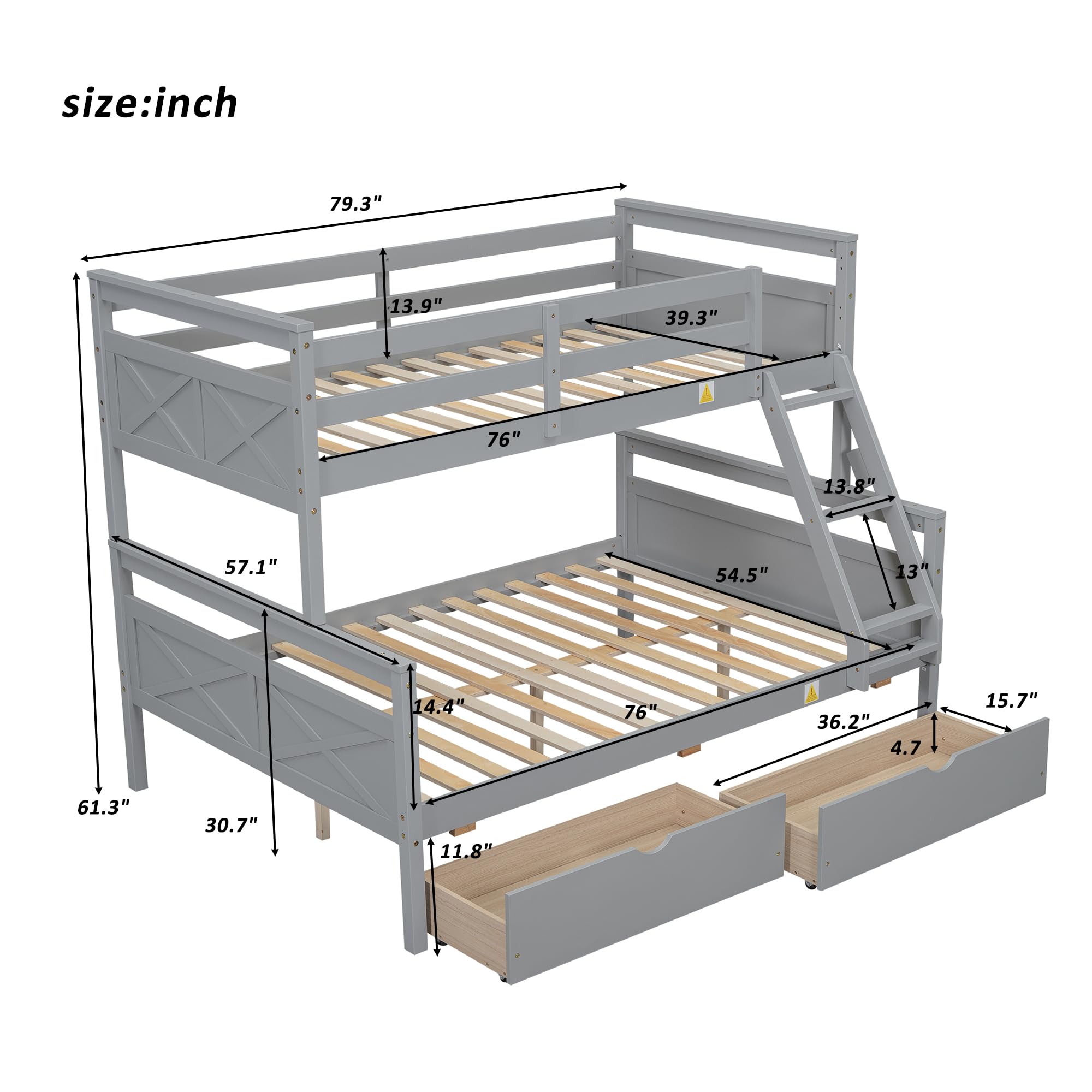 Twin Over Full Bunk Bed with Storage Drawers - Convertible Wooden Bunk Bed Frame with Guardrail & Ladder for Kids, Teens, Boys & Girls - Space-Saving Bedroom Solution for Small Rooms, Dorms & Shared Kids' Rooms (Grey)