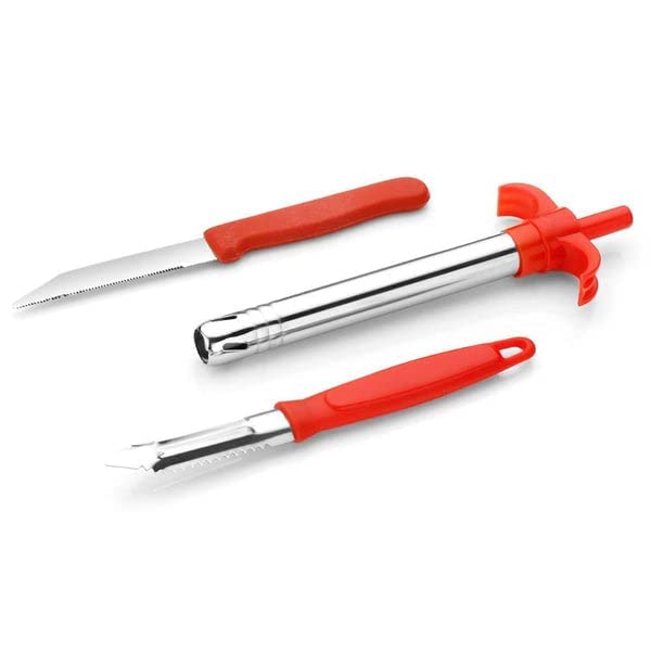 Premium Stainless Steel Gas Lighter & Peeler Knife Set (3-Piece) - Rustproof, Durable & Ergonomic Grip - Perfect for Camping, BBQ, Kitchen & Outdoor Adventures - Red