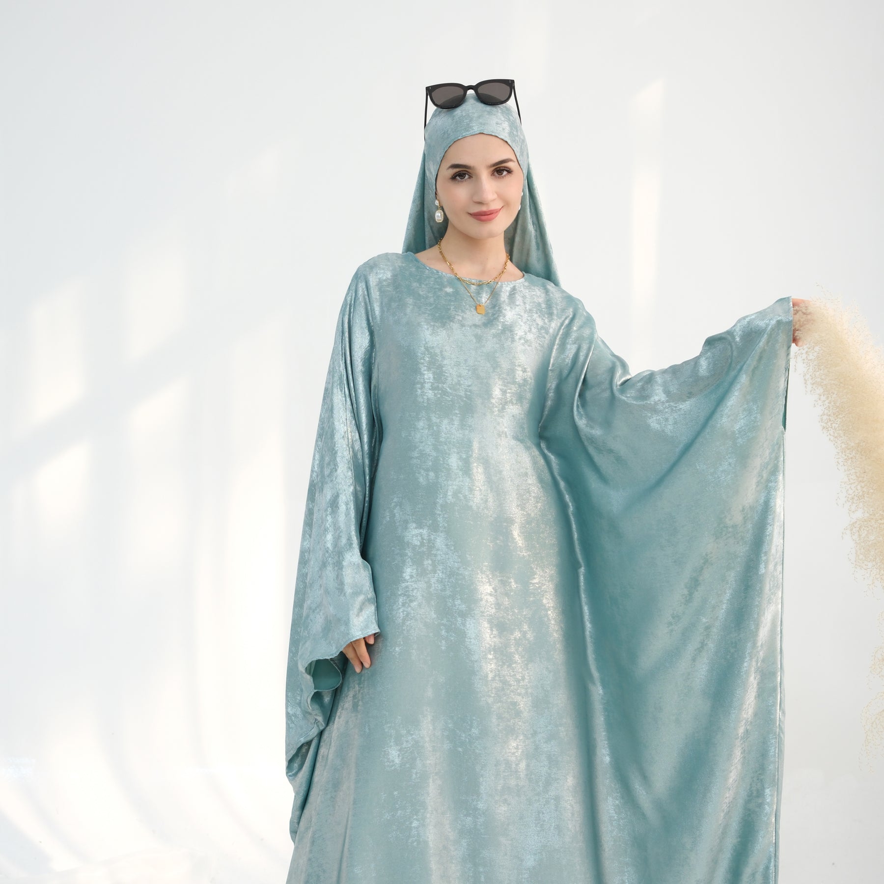 Linora Shimmer Butterfly Abaya - Elegant Mint Green Islamic Dress for Women | Perfect for Eid, Prayer & Special Occasions