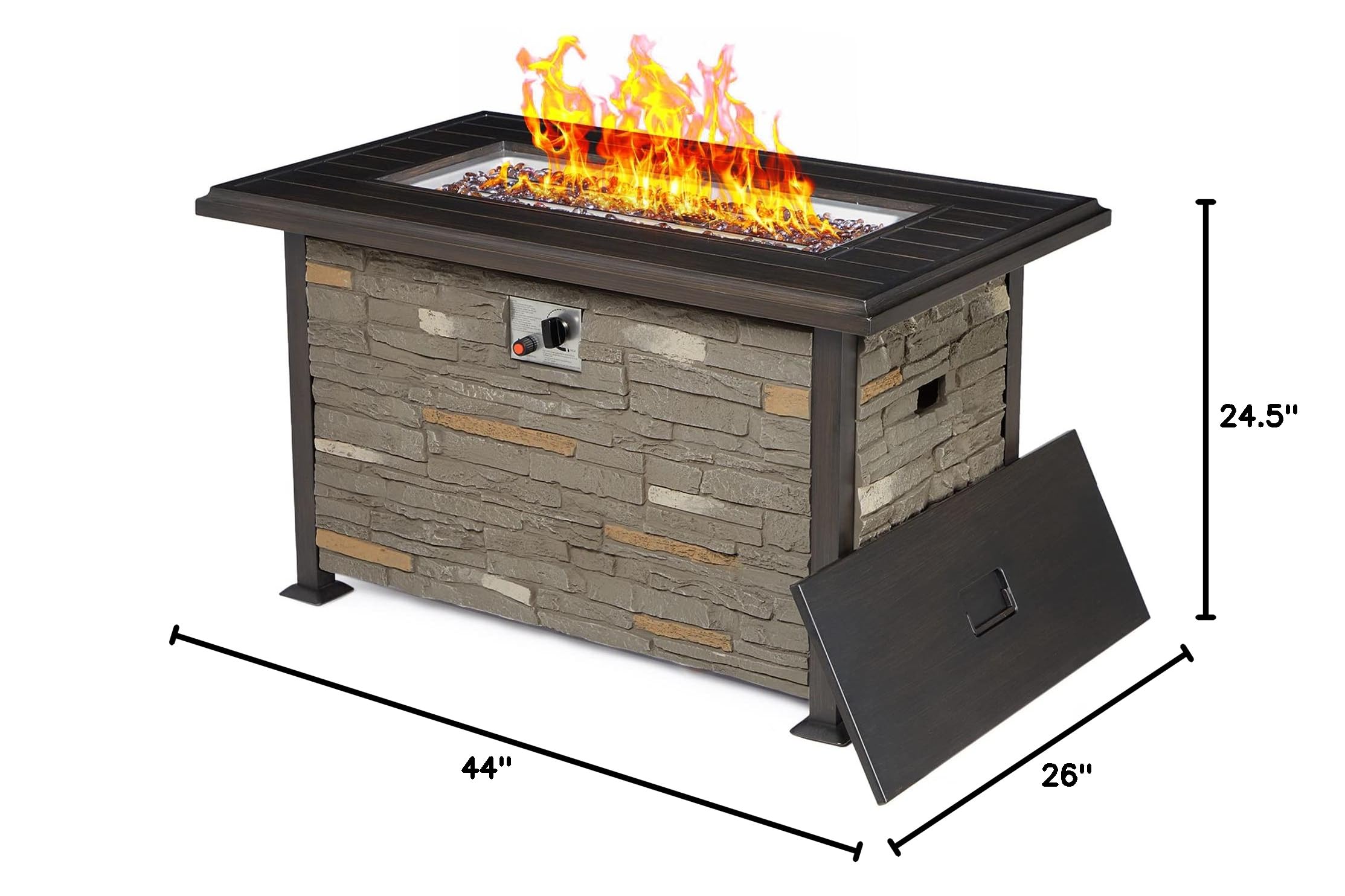 Vicluke 44 Inch CSA Certified Propane Fire Pit Table - 50,000 BTU Outdoor Heater with Faux Ledgestone & Hand-Painted Table Top, Includes Waterproof Cover & Glass Rocks - Perfect for Patio, Backyard, Christmas Decor (Grey)