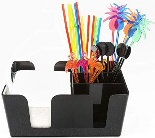 6-Compartment Bar Caddy with Napkins, Cocktail Straws & Swizzle Sticks - Heavy Duty Refillable Bar Organizer (Black) - Perfect for Home Bars, Parties & Entertaining