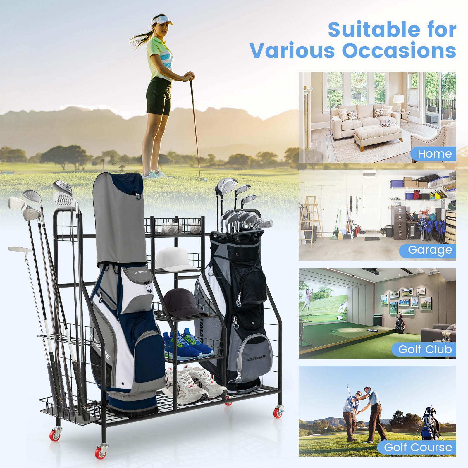 Tangkula Heavy Duty Metal Double Golf Bag Storage Rack with Removable Club Stand, Shelves & Lockable Wheels - Extra Large Golf Equipment Organizer for Garage, Basement or Clubhouse - Perfect for Storing Golf Bags, Clubs & Accessories