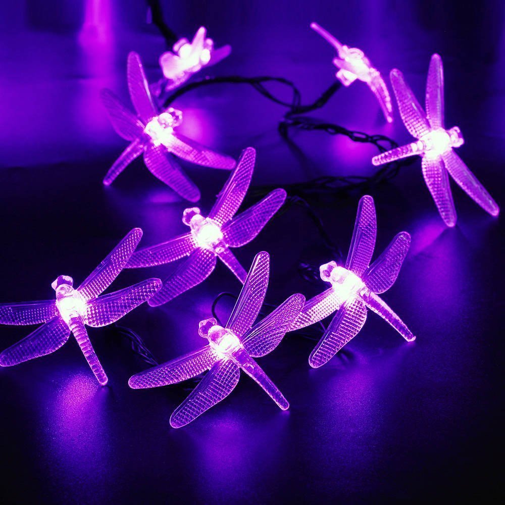 30 LED Solar Dragonfly String Lights - 20FT/6M Waterproof Outdoor Fairy Lights for Garden, Patio, Lawn, Christmas & Holiday Decorations (Purple) - Perfect for Backyard Parties, Wedding Decor & Landscape Lighting