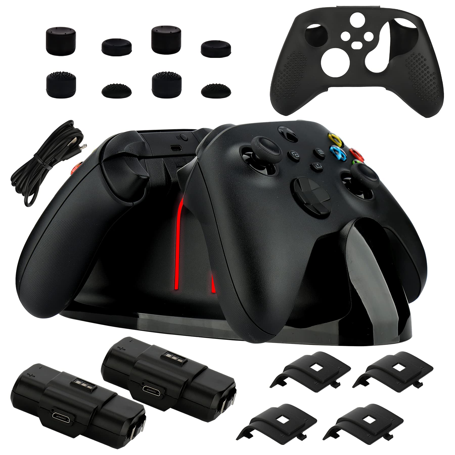 Xbox Series X|S & One Controller Charger - Dual Charging Dock with 2 Rechargeable Battery Packs, 4 Controller Covers, 8 Thumb Grips, Custom Skin & USB Charging Cable - Perfect for Gaming Sessions & Multiplayer Setup