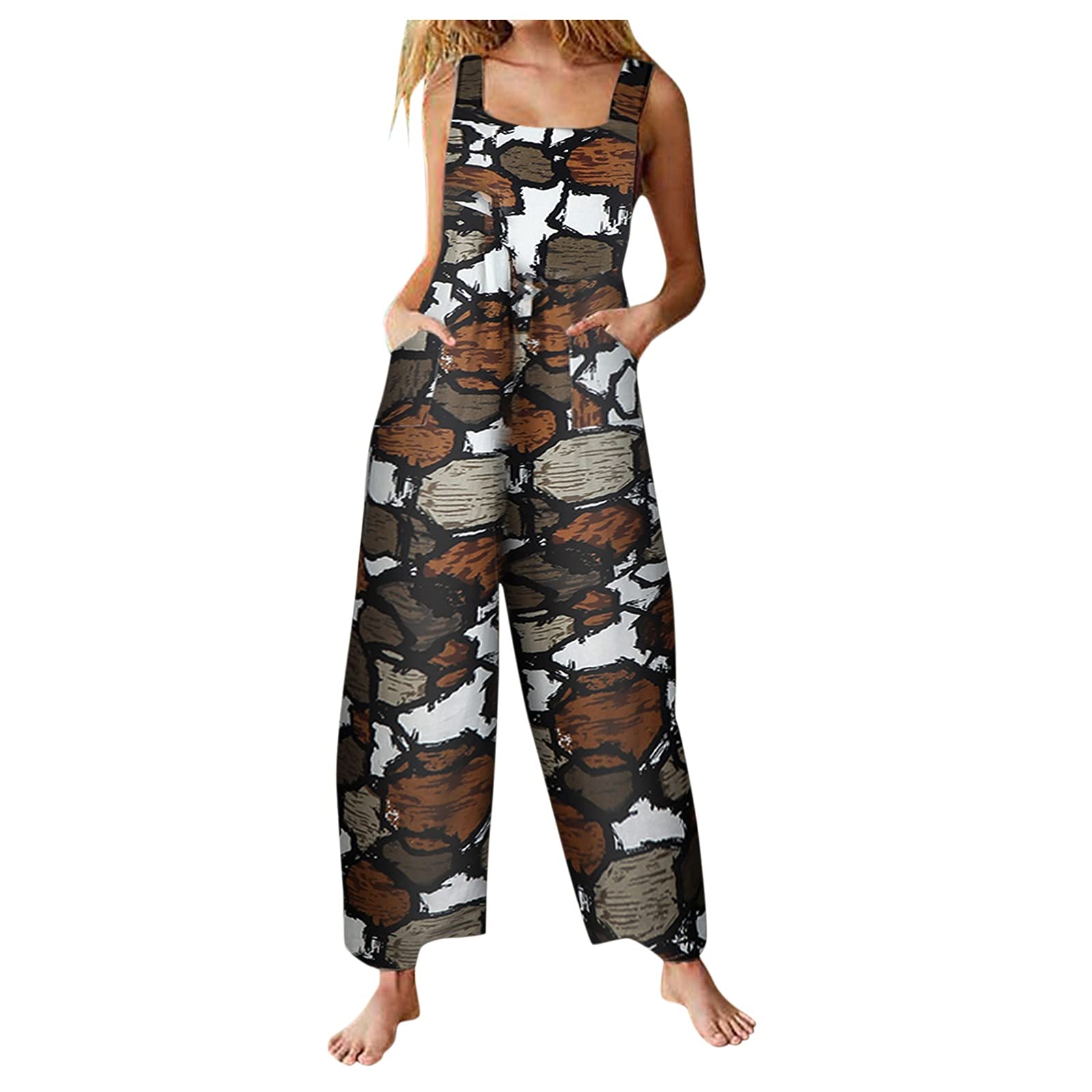 Women's Wide Leg Jumpsuit with Pockets - Vintage Floral Print Casual Romper for Women | Perfect for Summer Outfits, Beach Vacations & Boho Fashion