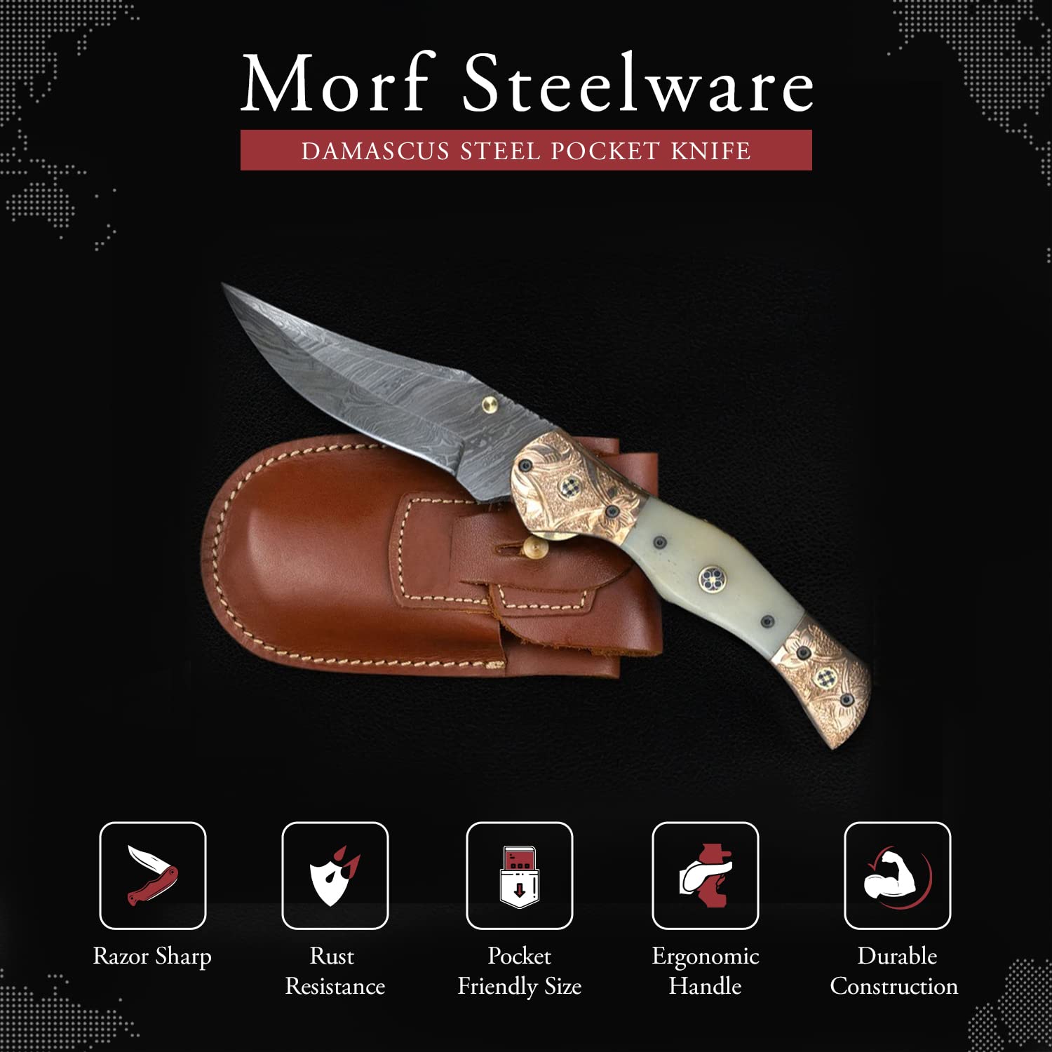 Hand Forged Damascus Steel Folding Pocket Knife - Premium Camping & Survival Knife with Leather Sheath - Handmade Hunting Knife for Outdoor Enthusiasts - Perfect for Camping, Hiking, Bushcraft and Everyday Carry (EDC)