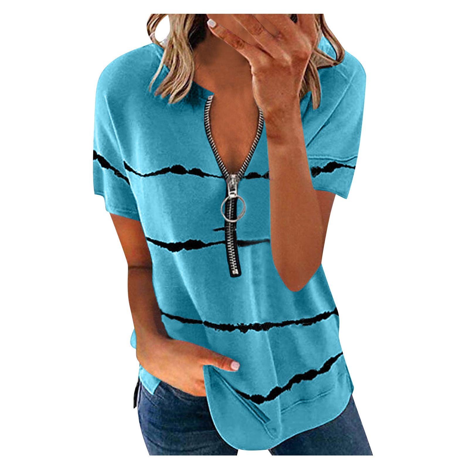 VISLINDU Women's Short Sleeve T-Shirts - Floral Print Summer Casual Blouses with Zipper Detail, Comfortable Pullover Tunic Tops for Everyday Wear, Outing & Vacation